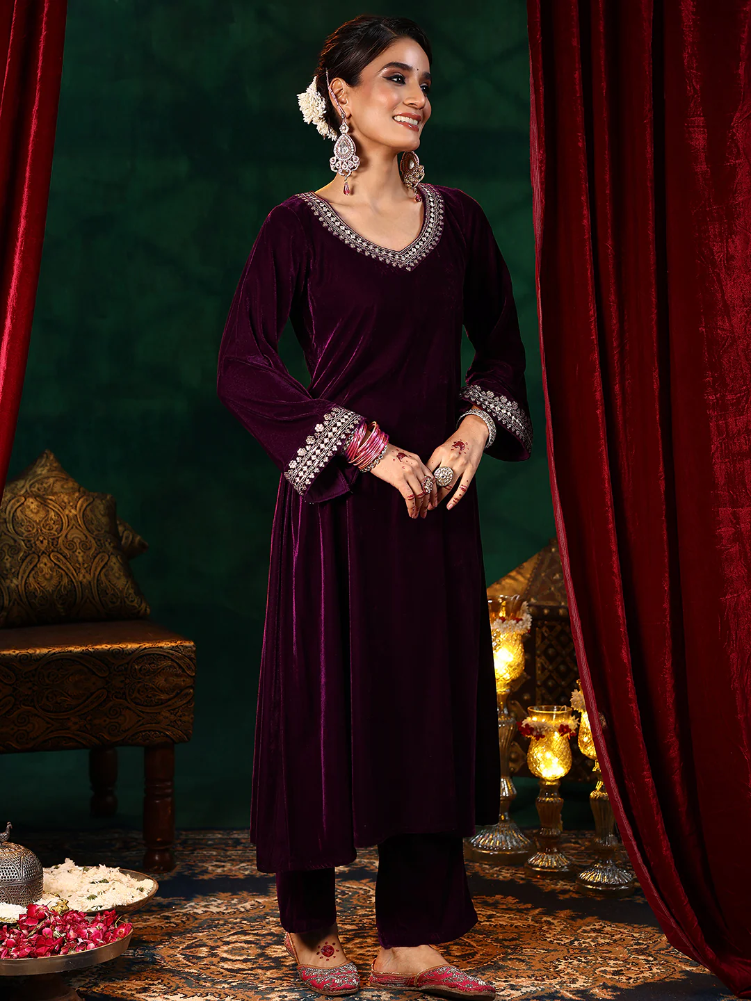 Maroon Velvet Kurta Pant Set With Heavy Thread Embroidery Work On Neck, Sleeve And Dupatta
