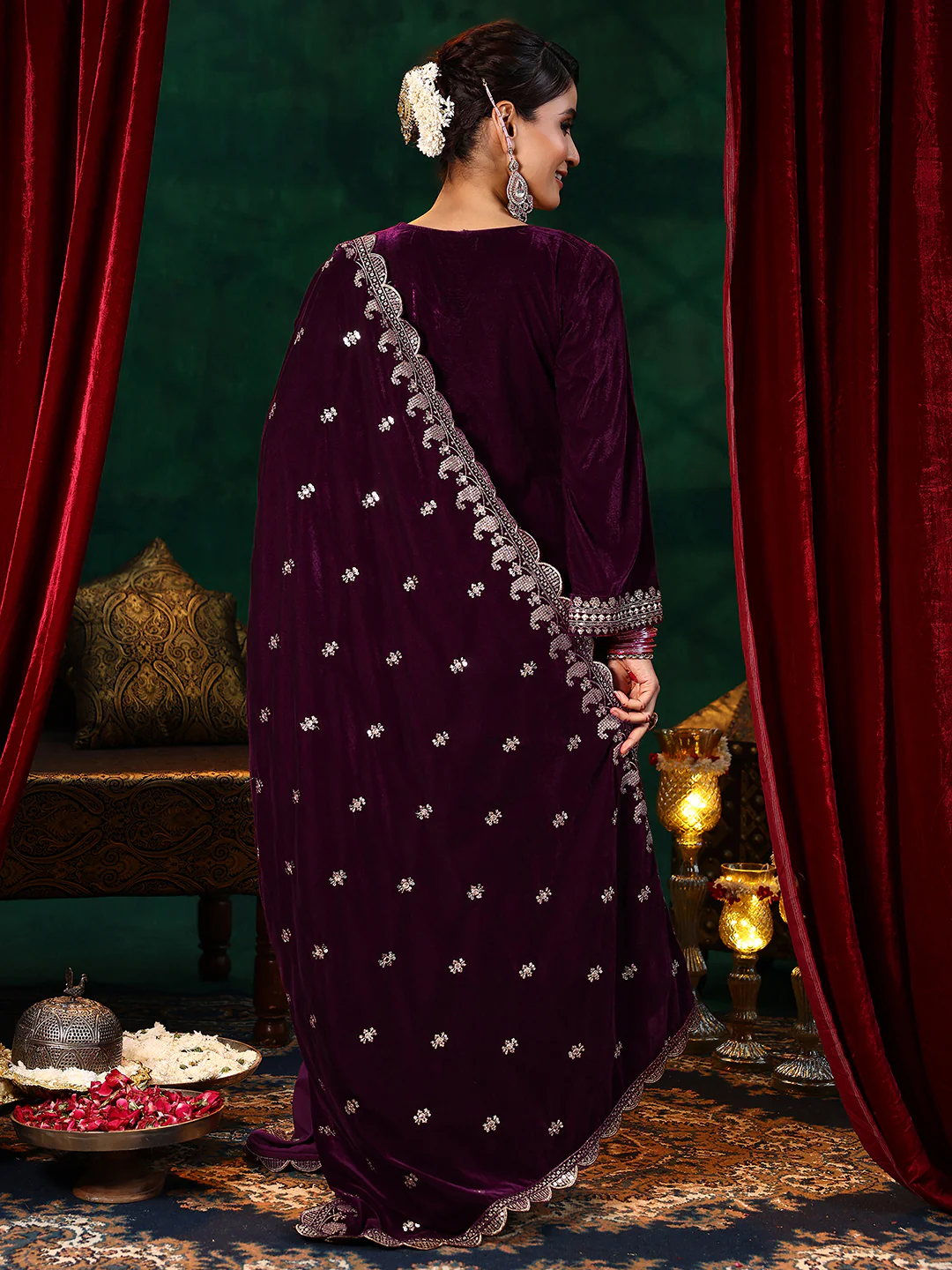 Maroon Velvet Kurta Pant Set With Heavy Thread Embroidery Work On Neck, Sleeve And Dupatta