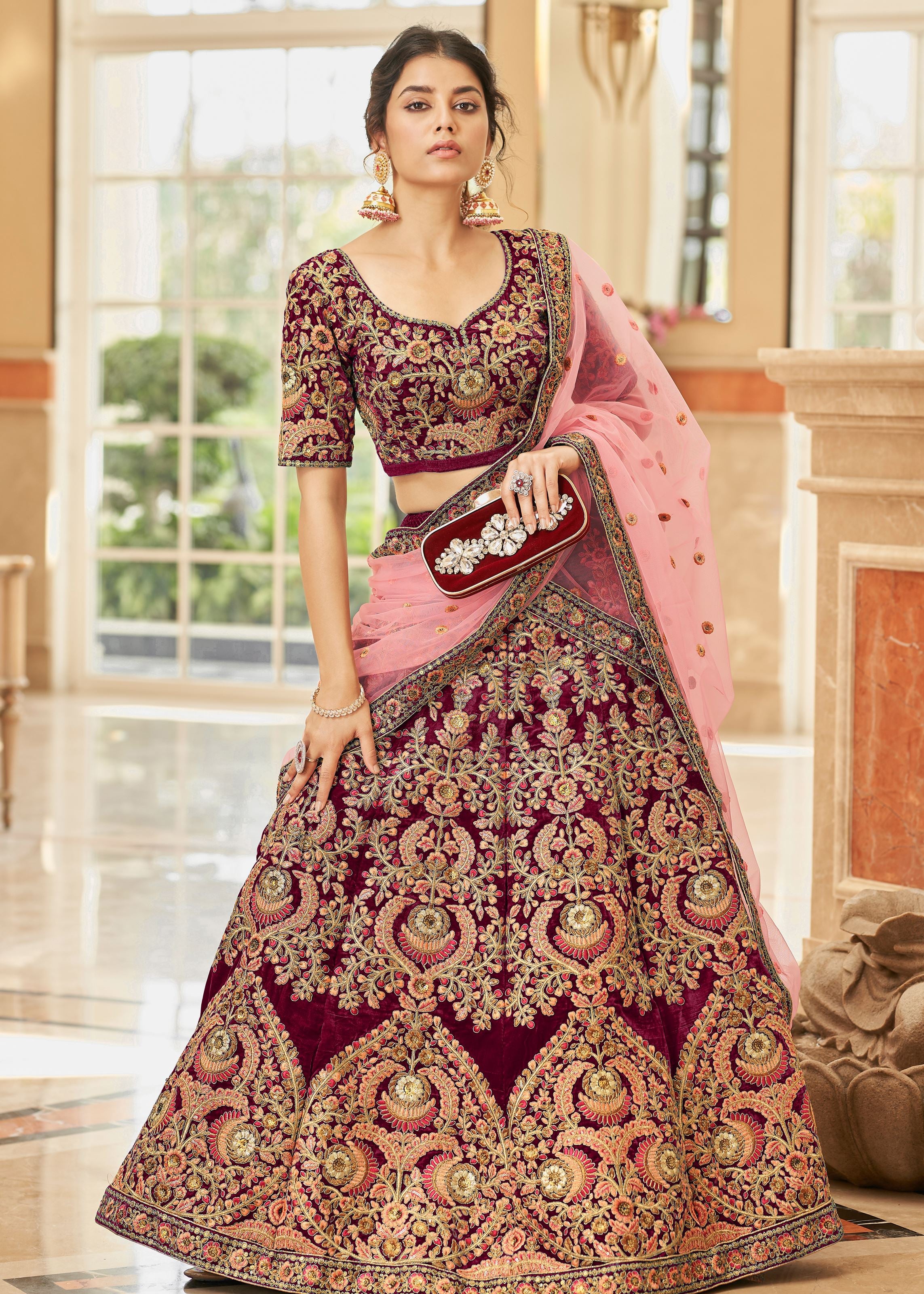Maroon Velvet Lehenga Choli With Thread, Zari, Dori and Sequins Embroidery Work