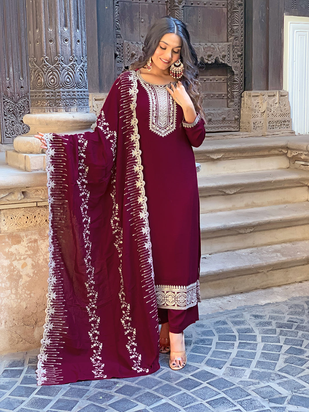 Maroon Vichitra Silk Elegant Kurta Pant Set With Embroidery Work