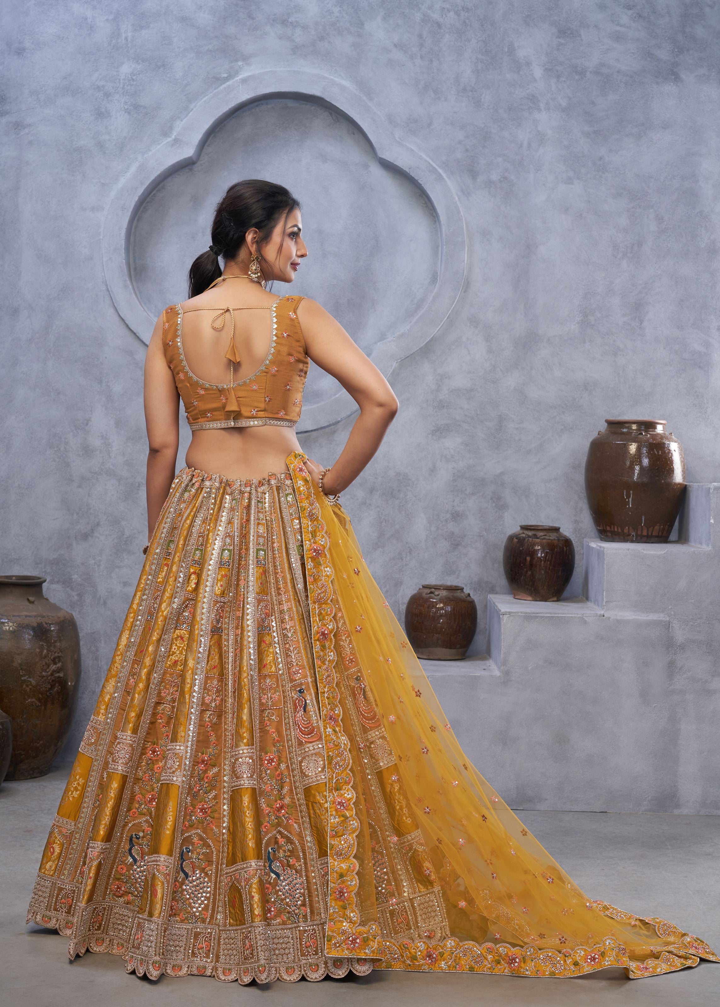 Marvelous Mustard Bridal Lehenga Choli With  Peacock Embroidery