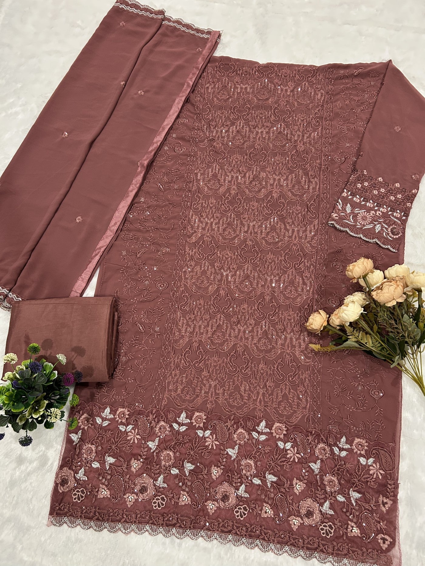 Mauve Georgette Designer Suit Set With Intricate Embroidery