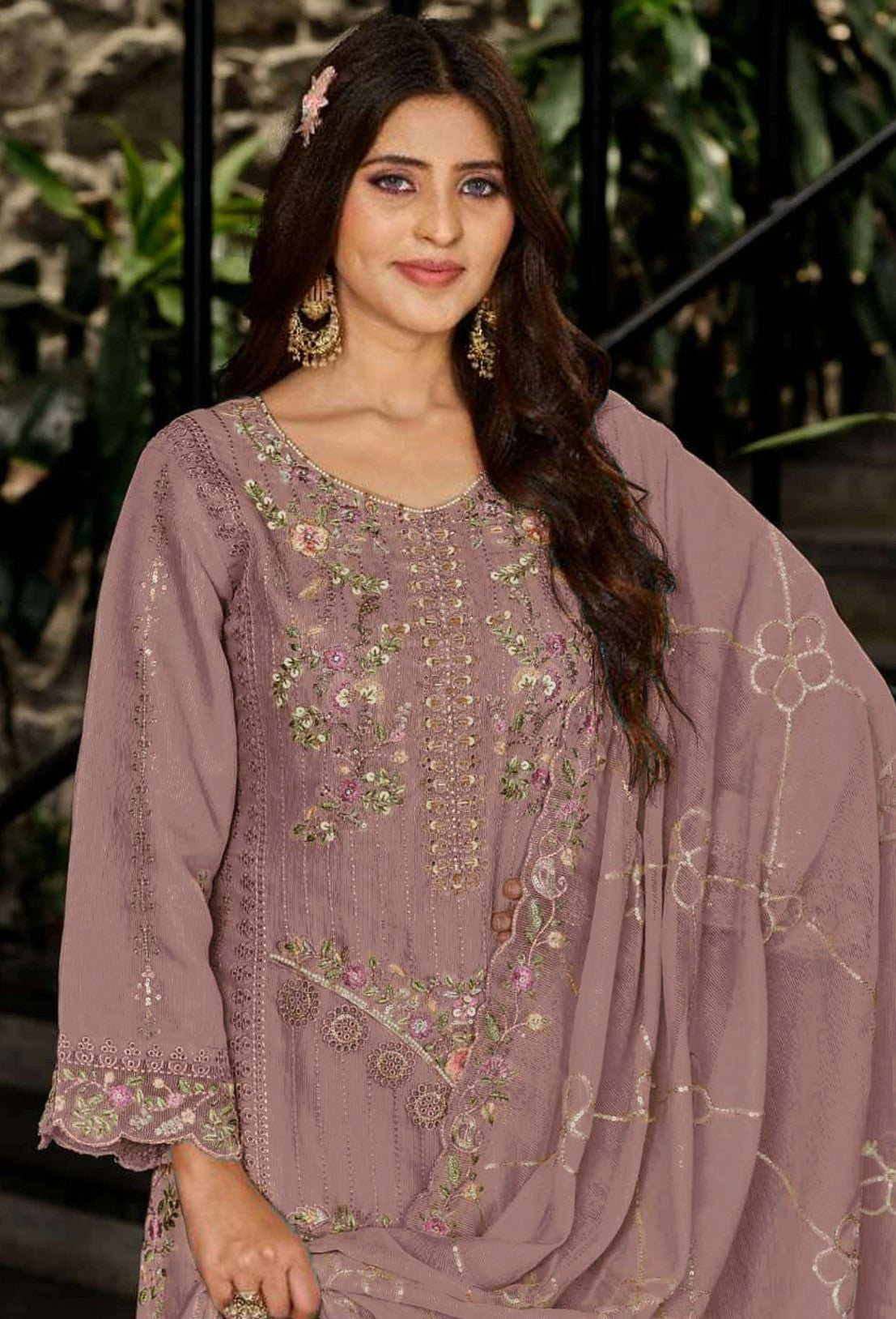 Mauve Georgette Designer Suit Set With Intricate Embroidery