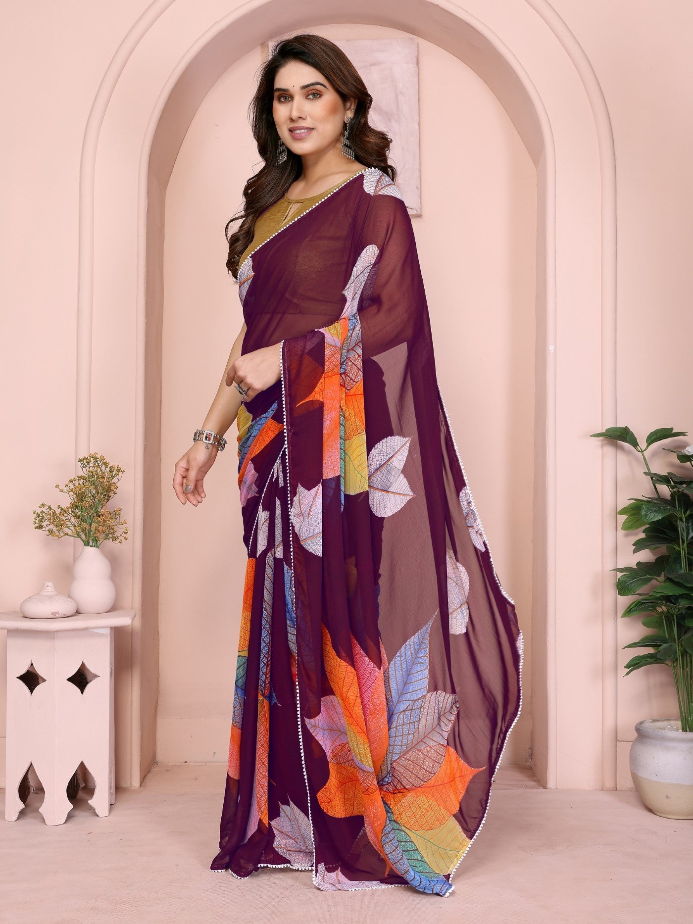 Mauve Georgette Ready-to-Wear Printed Saree with Lace