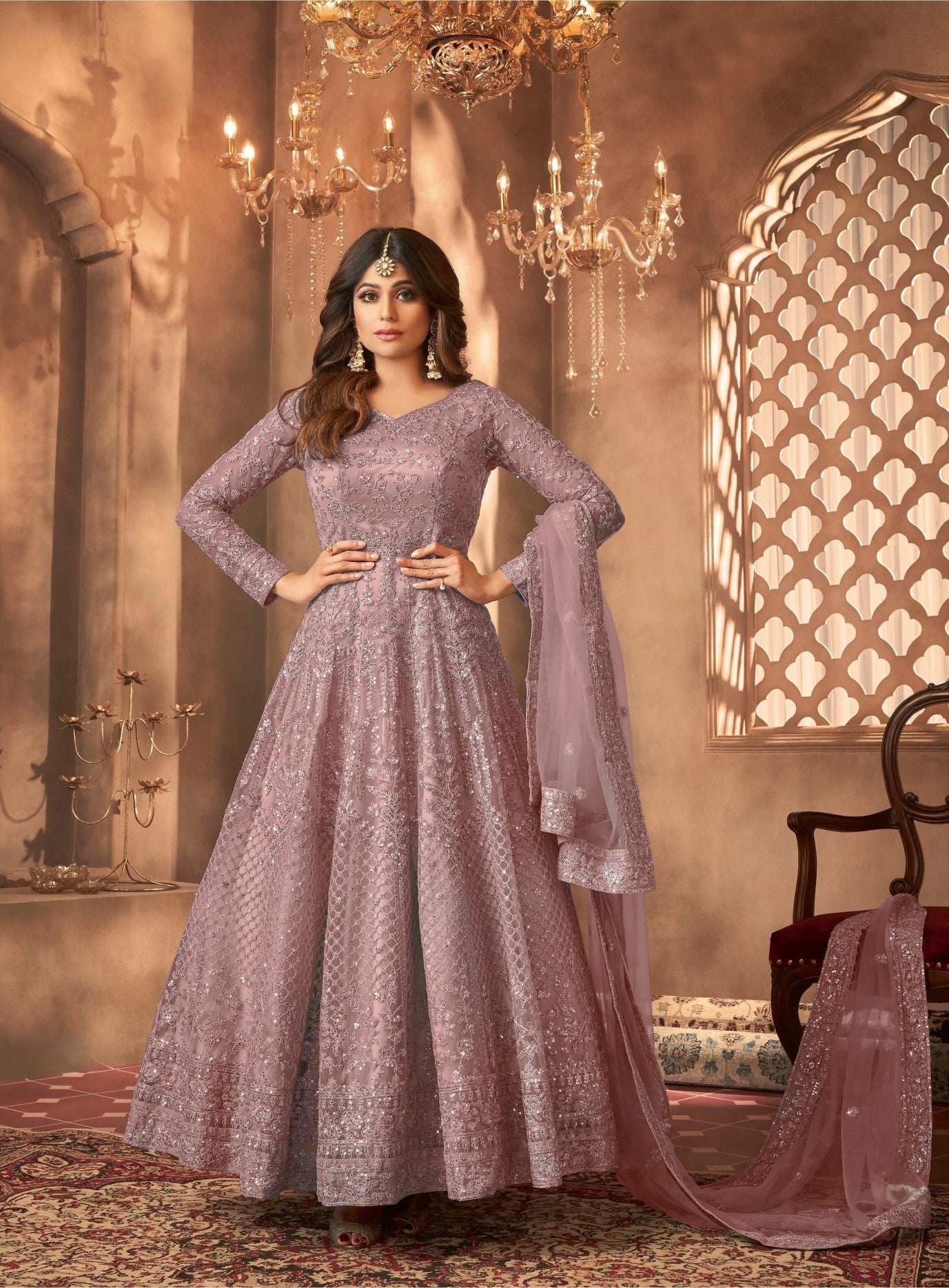 Mauve Net Designer Suit Set With Intricate Embroidery