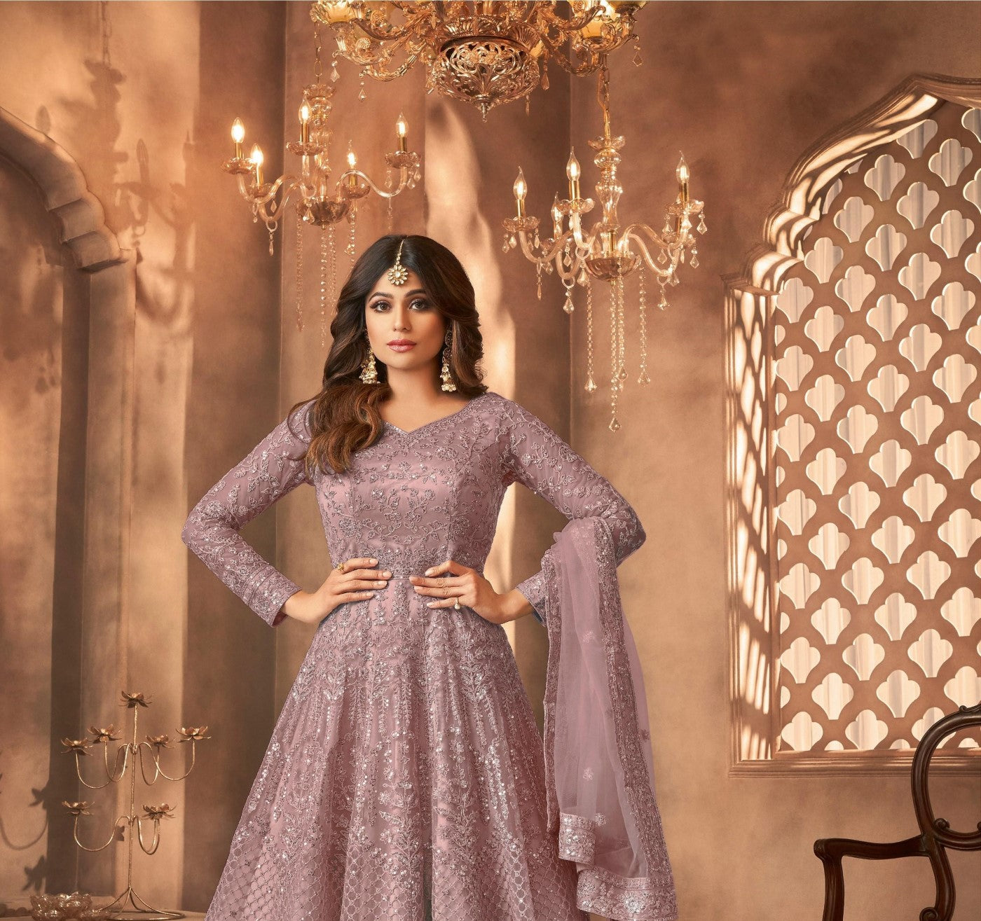 Mauve Net Designer Suit Set With Intricate Embroidery