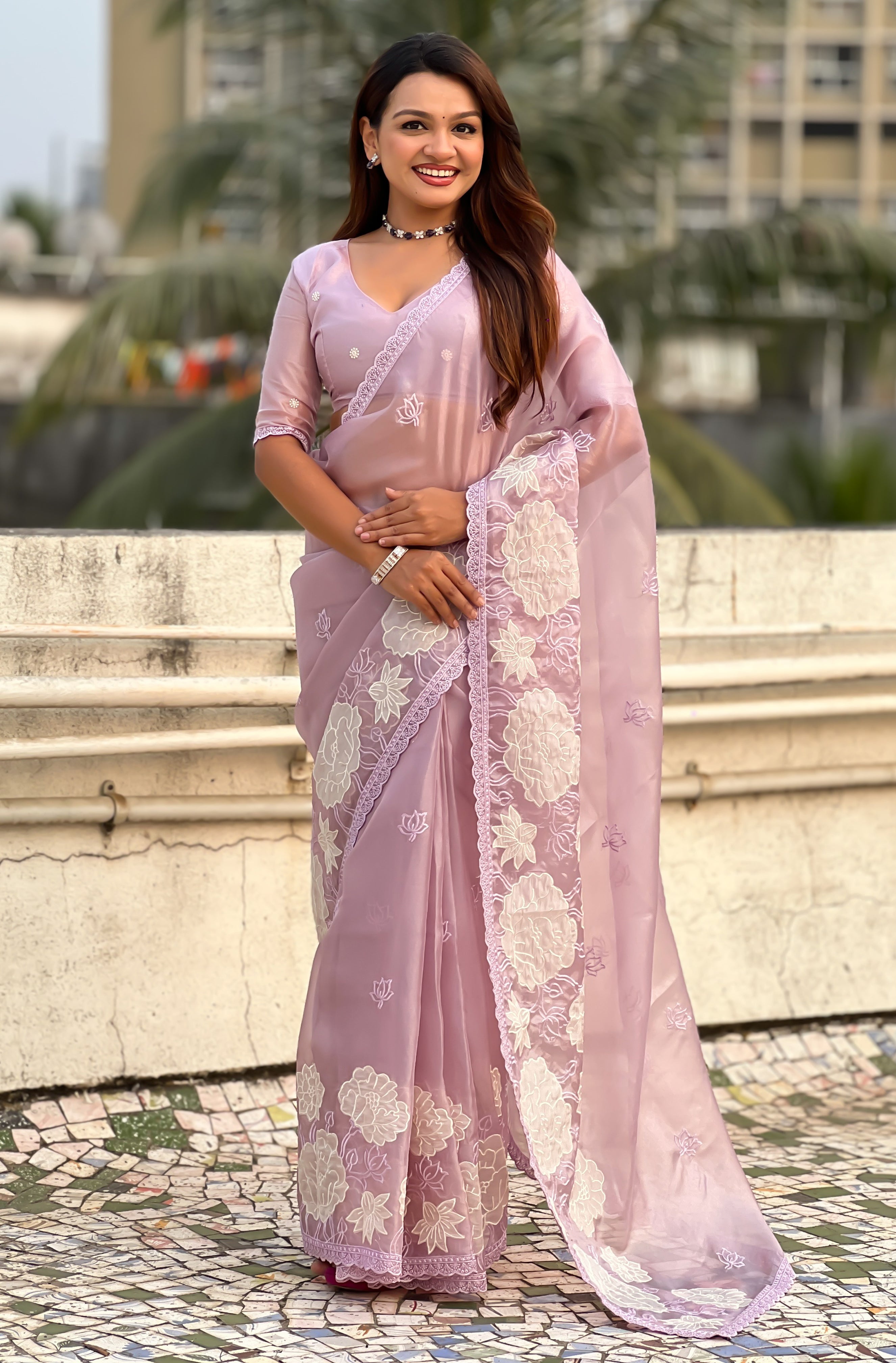 Mauve Oris Silk Saree with Lotus Thread Embroidery Cut Work