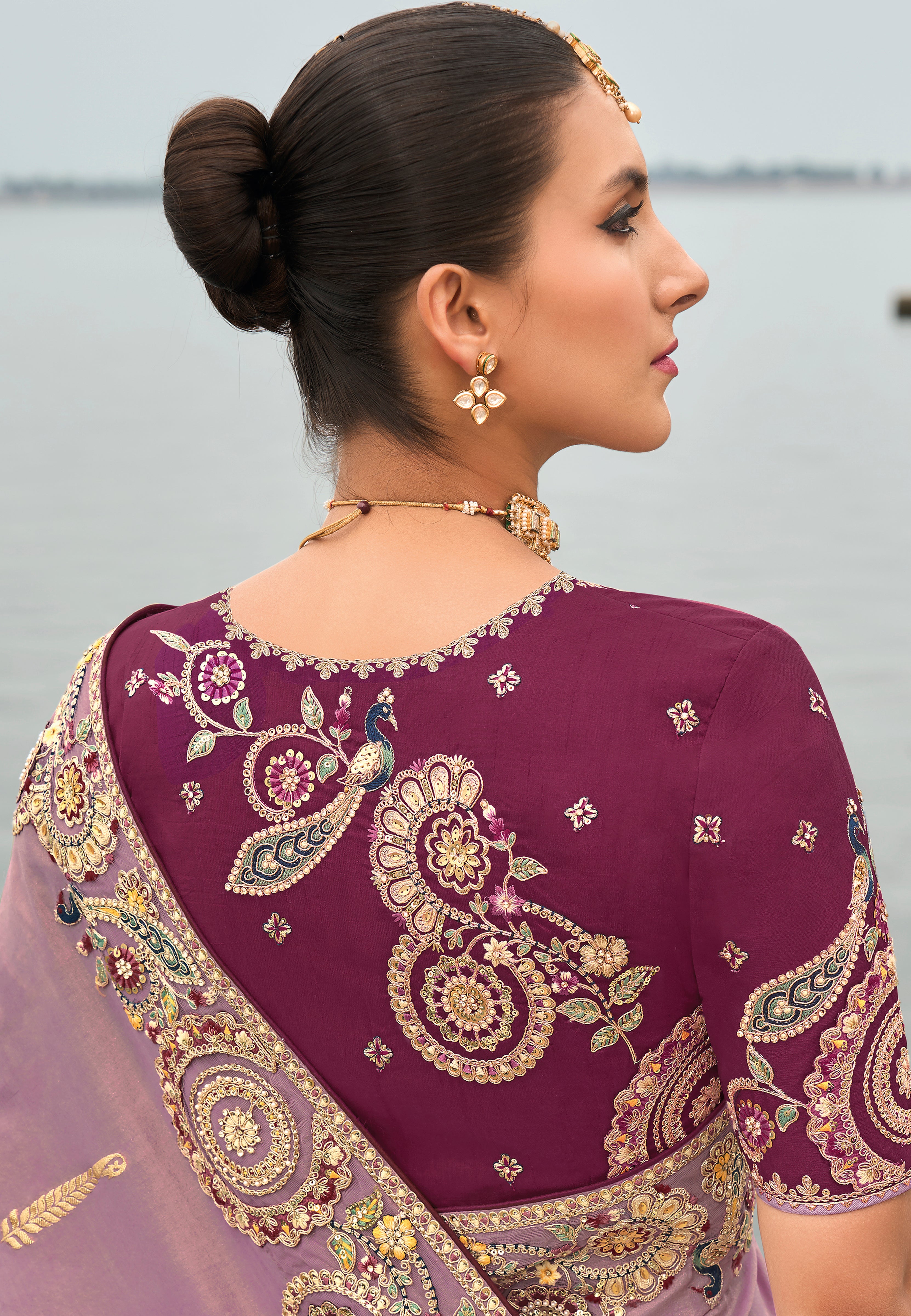 Mauve Silk Saree With  Embroidery Work
