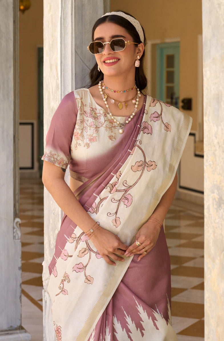 Mauve & Cream Saree With  Print