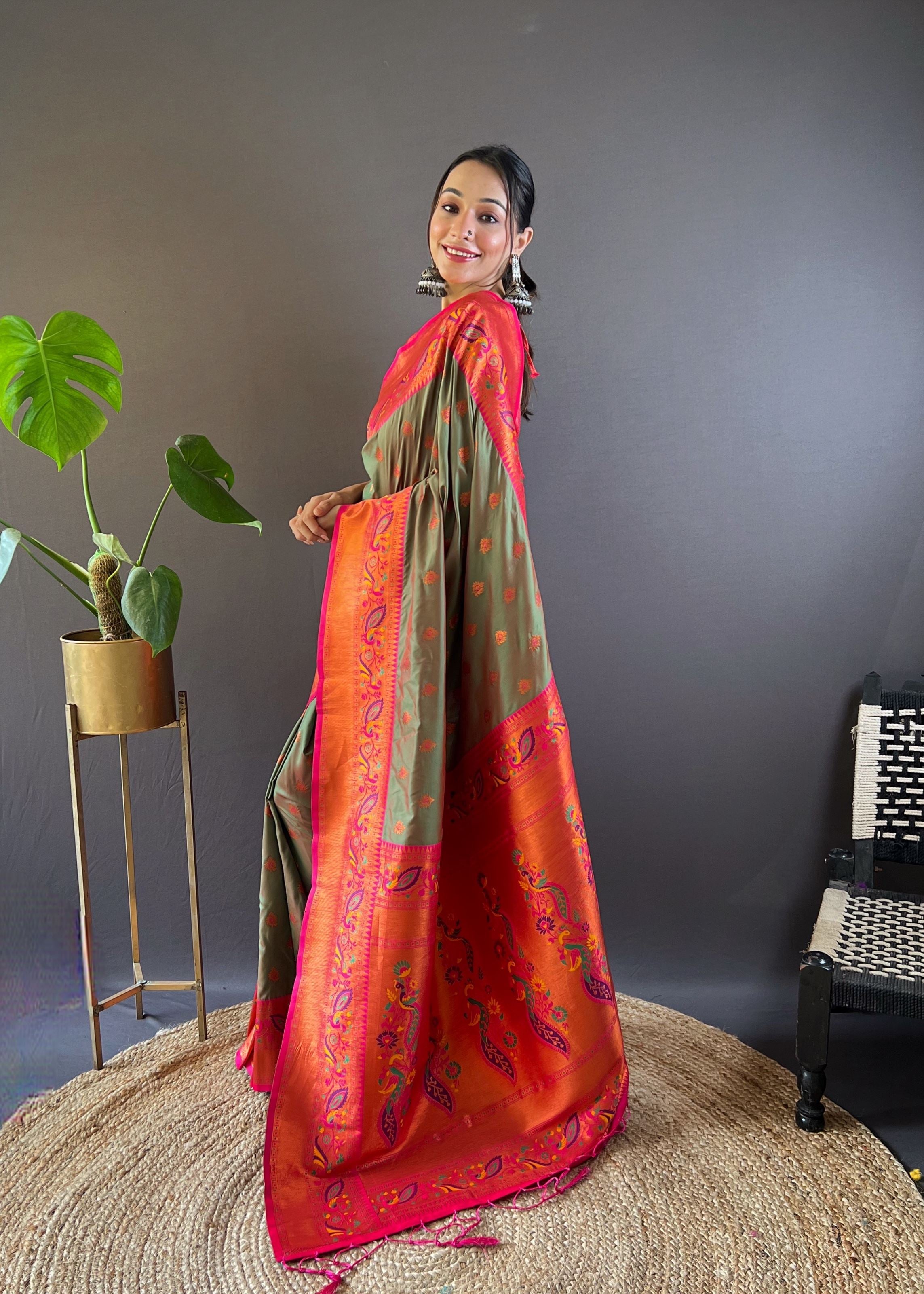 Mehandi Olive Silk Blend Paithani Saree