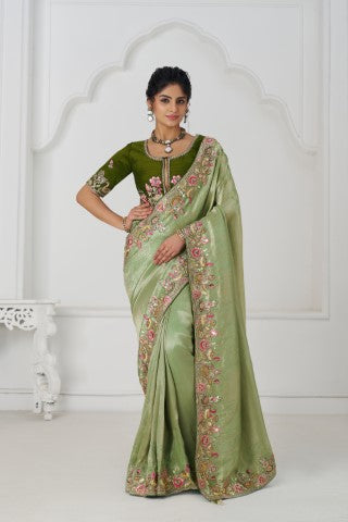Mehendi  Color Saree With Multi-Thread And Sequins Embroidery For Wedding
