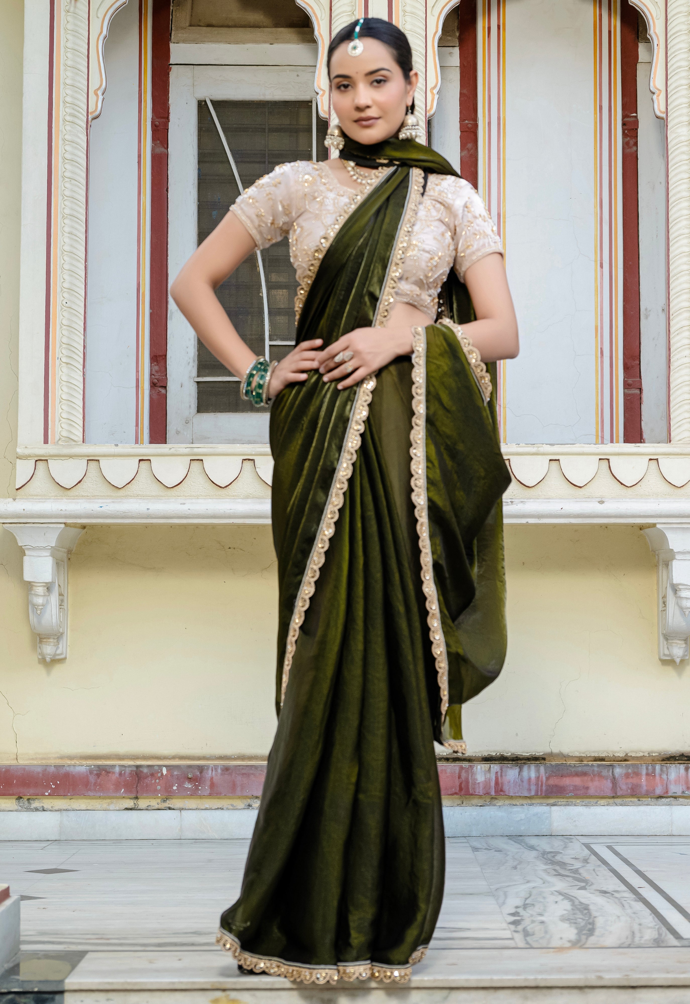 Mehendi Color  Satin with Velvet Lustre Saree With  Handwork Lace