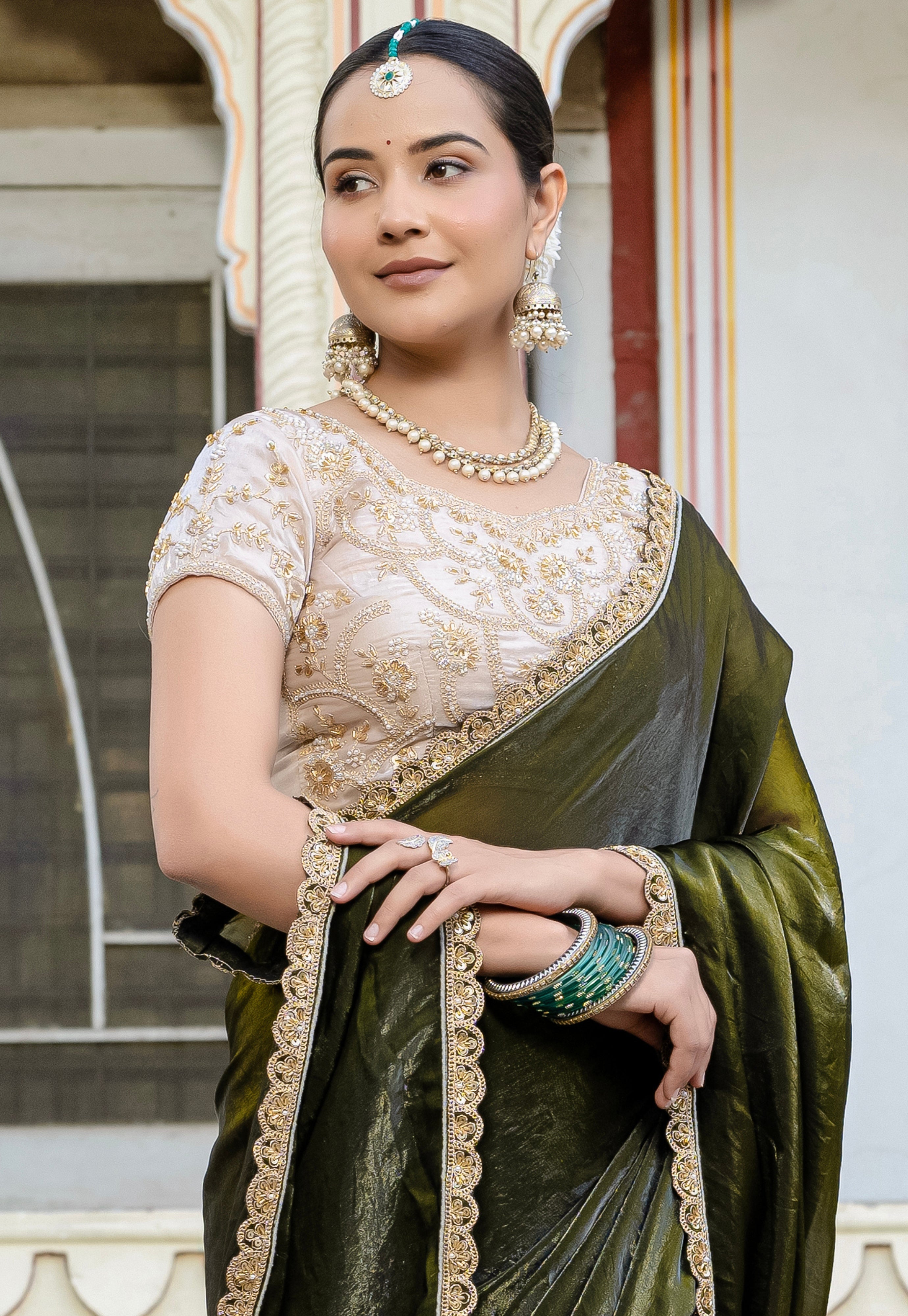 Mehendi Color  Satin with Velvet Lustre Saree With  Handwork Lace