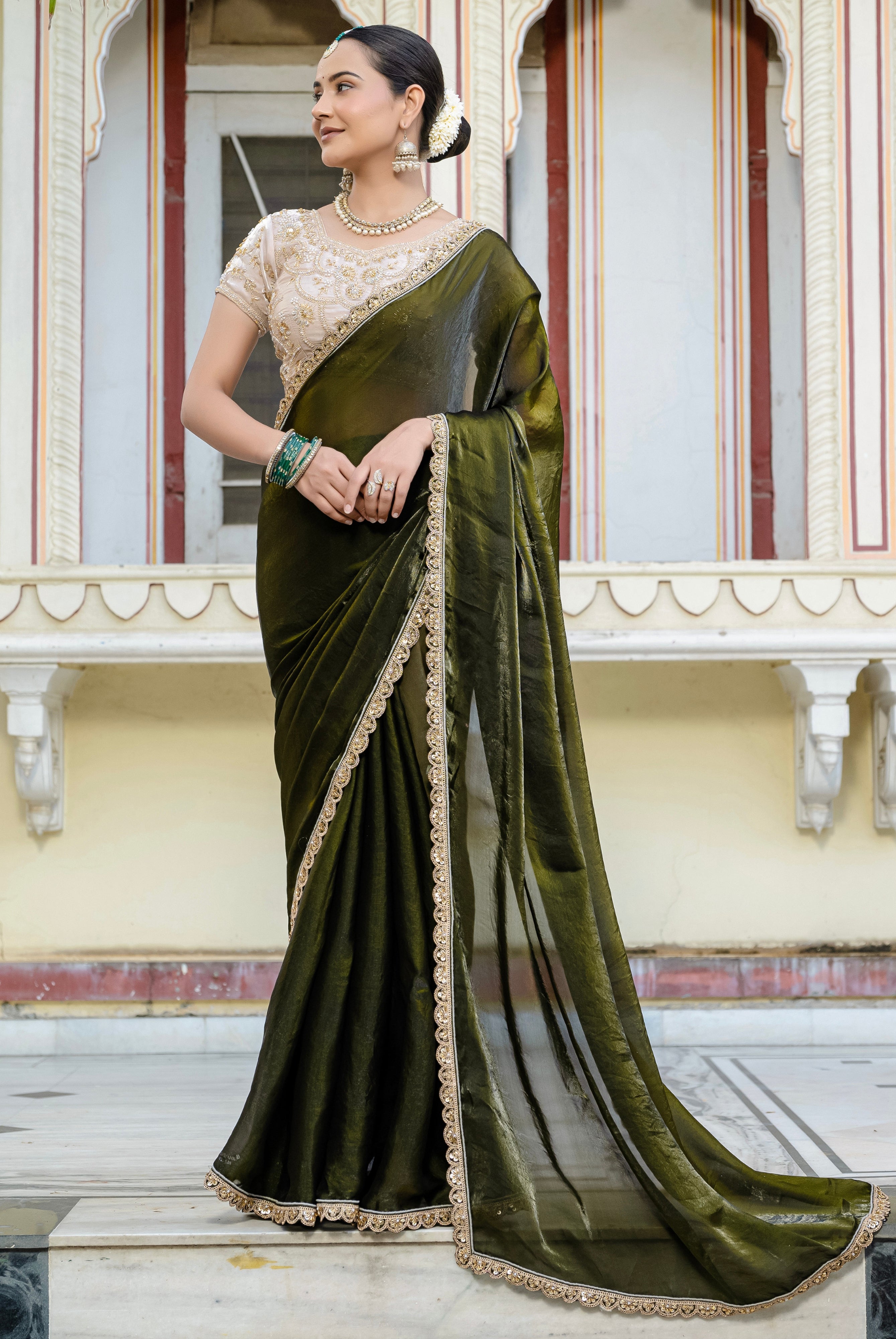 Mehendi Color  Satin with Velvet Lustre Saree With  Handwork Lace