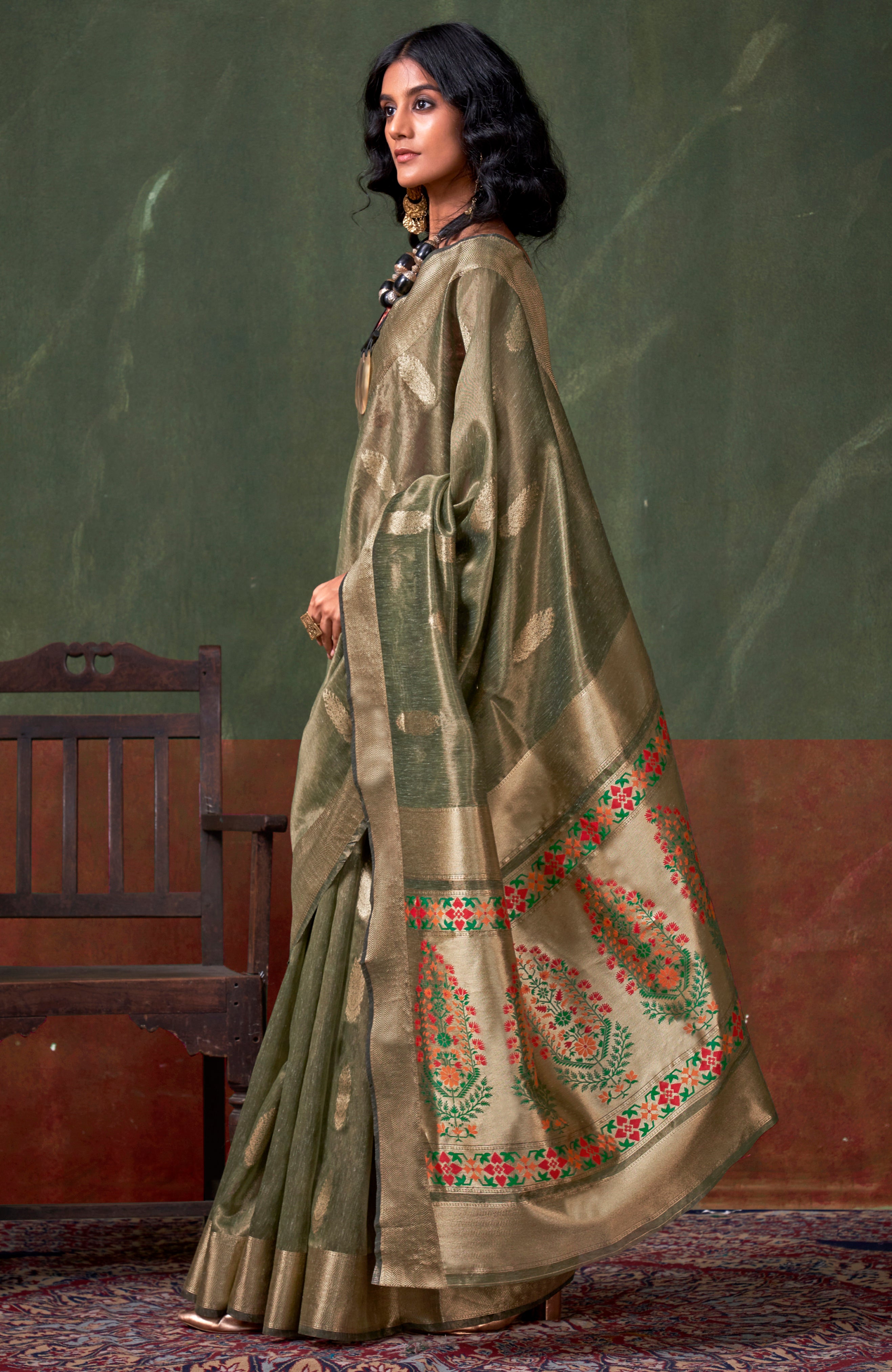 Mehendi Color Tissue Silk Saree With  Jacquard Woven Work