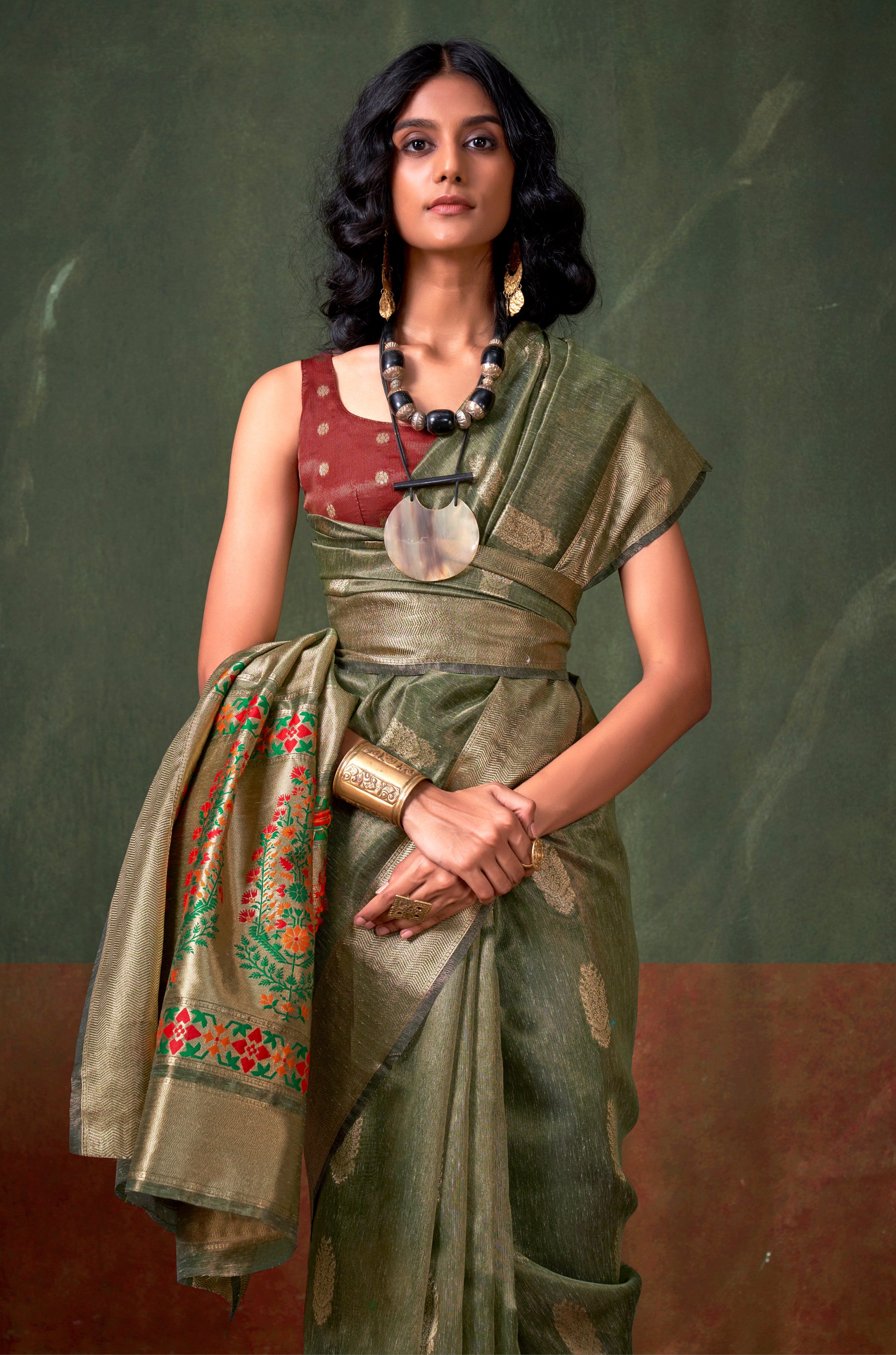 Mehendi Color Tissue Silk Saree With  Jacquard Woven Work