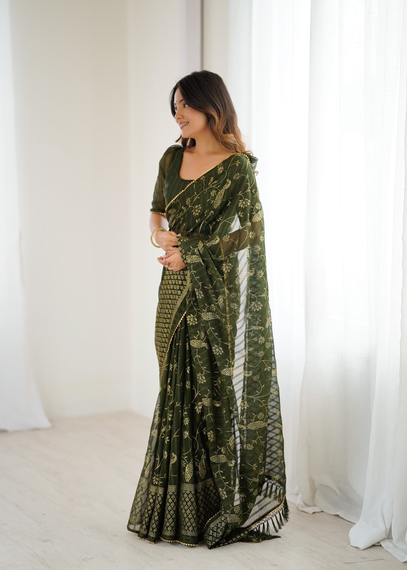 Mehendi Georgette Patta Saree With Foil Work And Lace Border