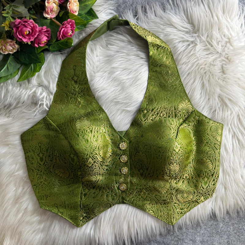Mehendi Green Banarasi Jacquard Silk Halter Neck Blouse with Embroidery & Sequins