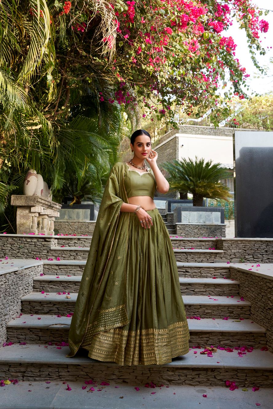Mehendi Green  Chanderi Lehenga with Zari Weaving Finish