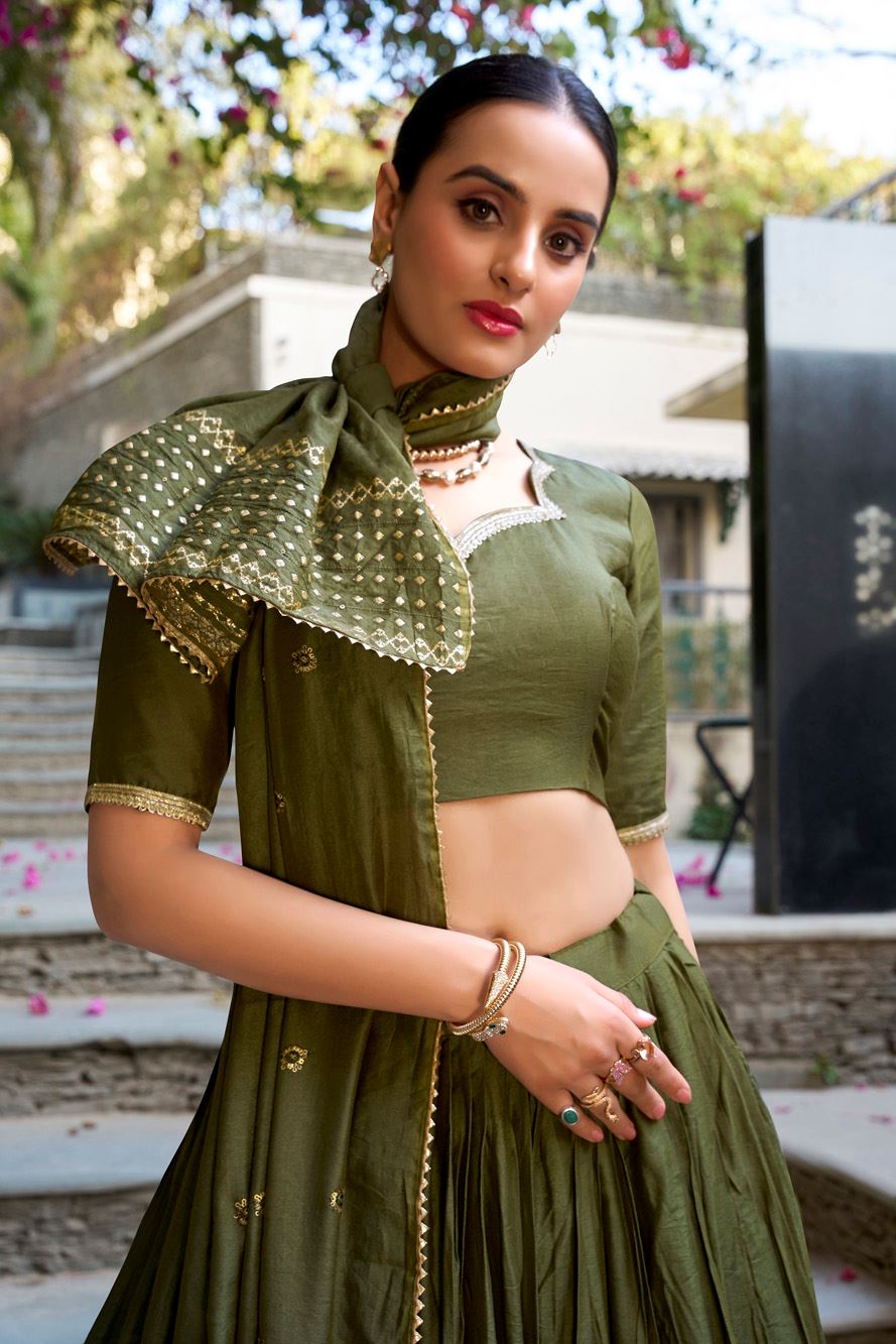 Mehendi Green  Chanderi Lehenga with Zari Weaving Finish