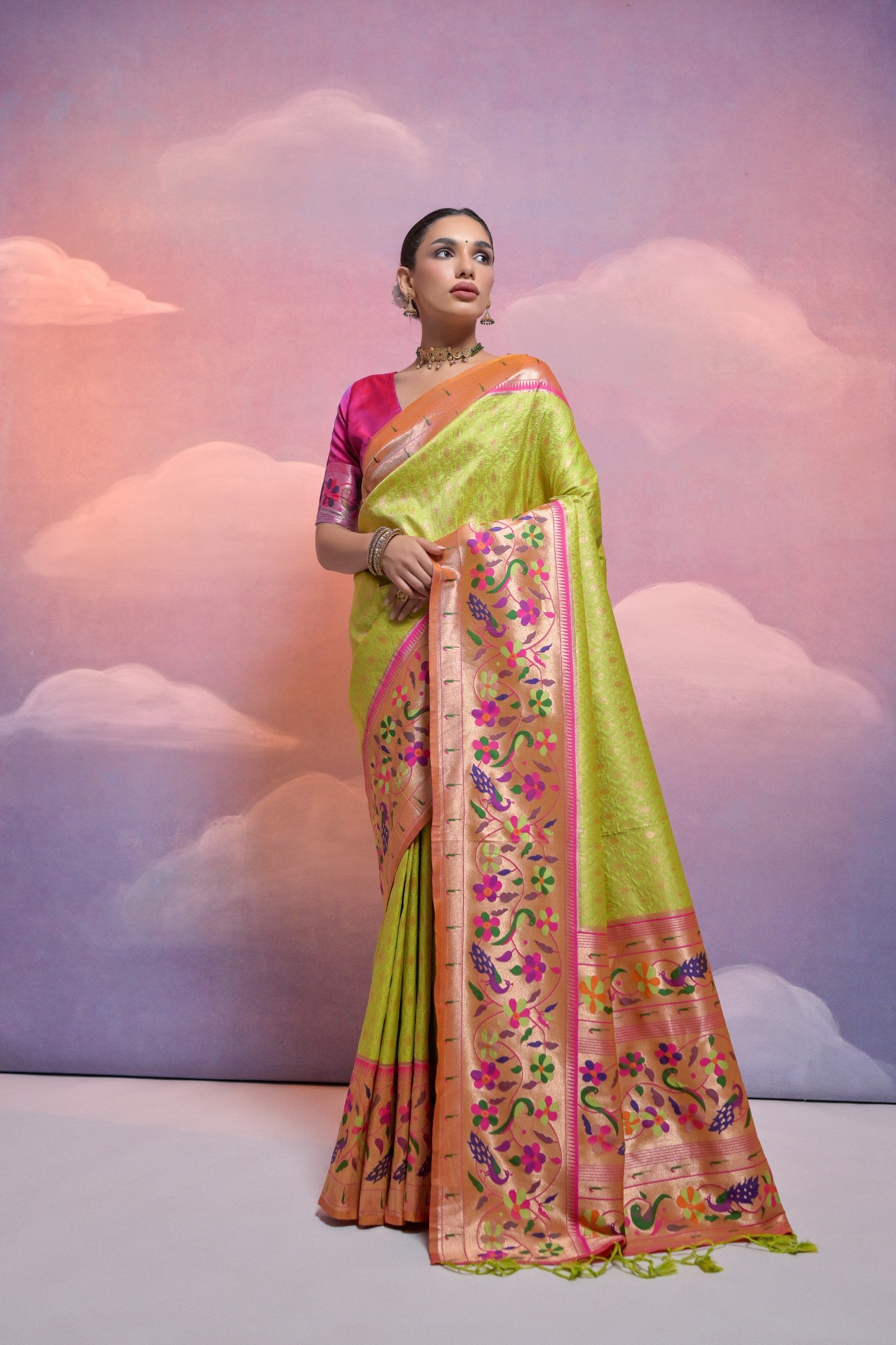 Mehendi Paithani Silk Saree with Meenakari Border and Zari Weaves