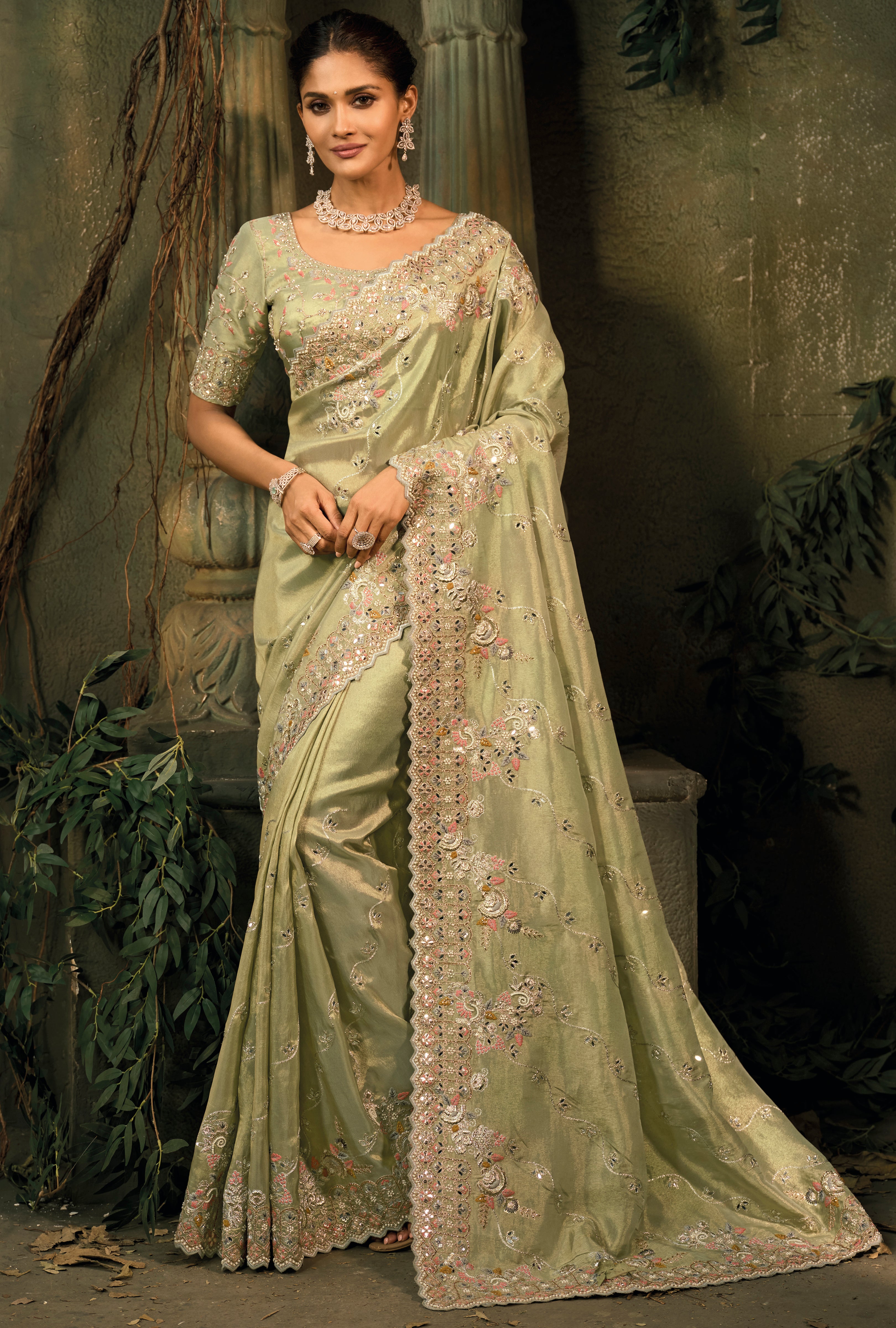 Mehendi Saree With  Cut-Dana, Moti With Mirror Heavy Work