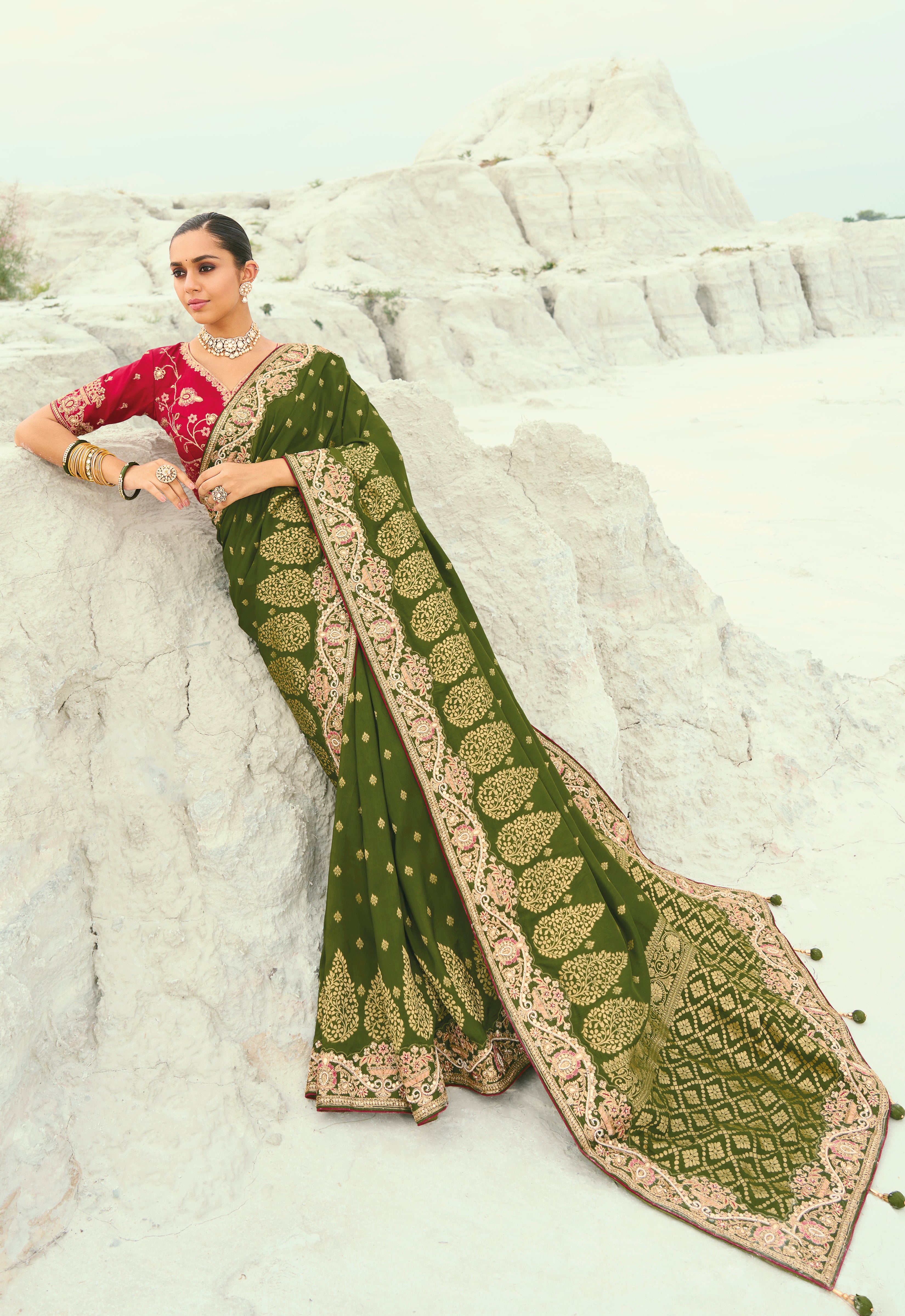 Mehendi Saree With  Jari, Thread, Moti With Cut-Dana Heavy Work
