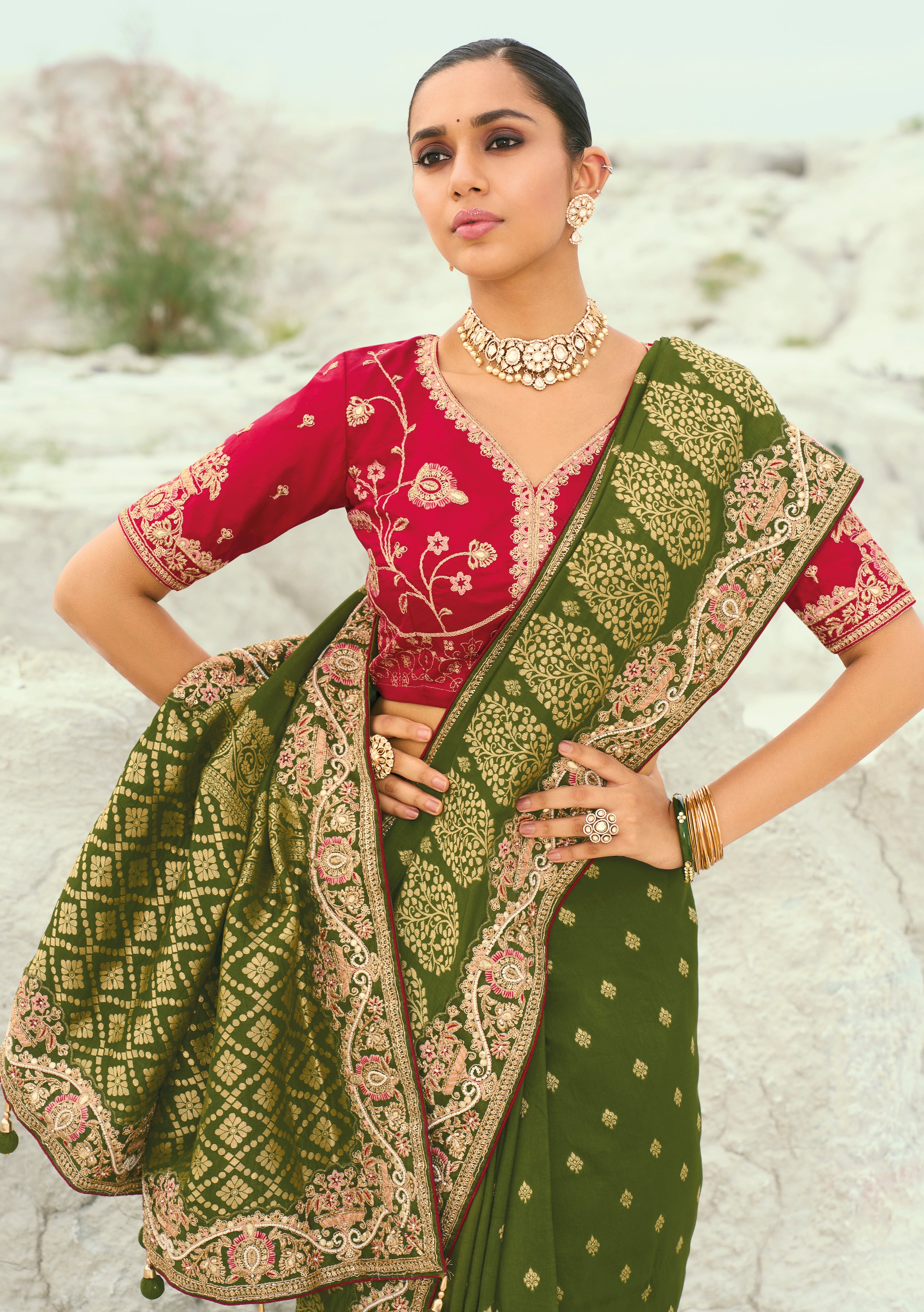Mehendi Saree With  Jari, Thread, Moti With Cut-Dana Heavy Work