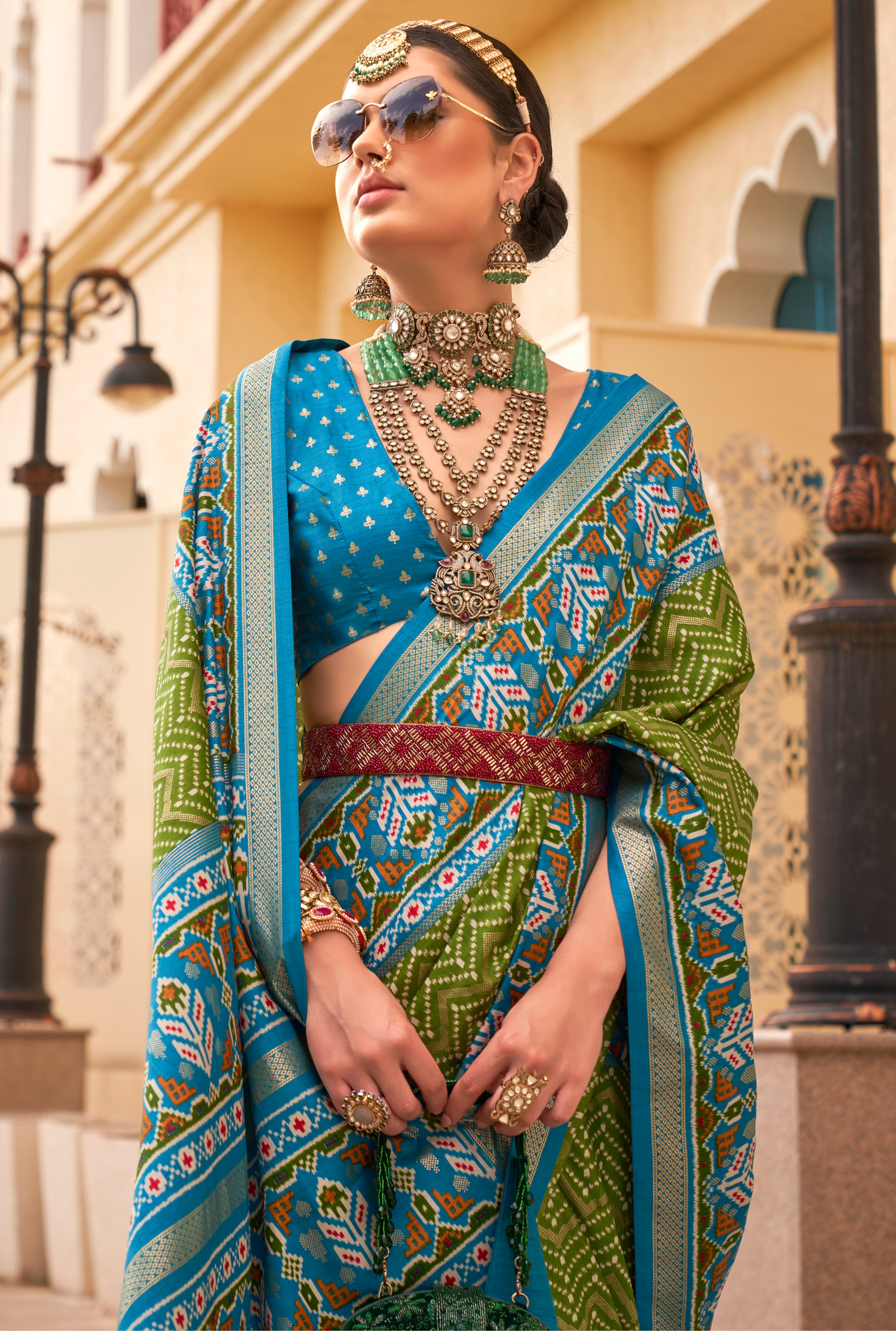 Mehendi Silk Saree With  Digital Patola Print