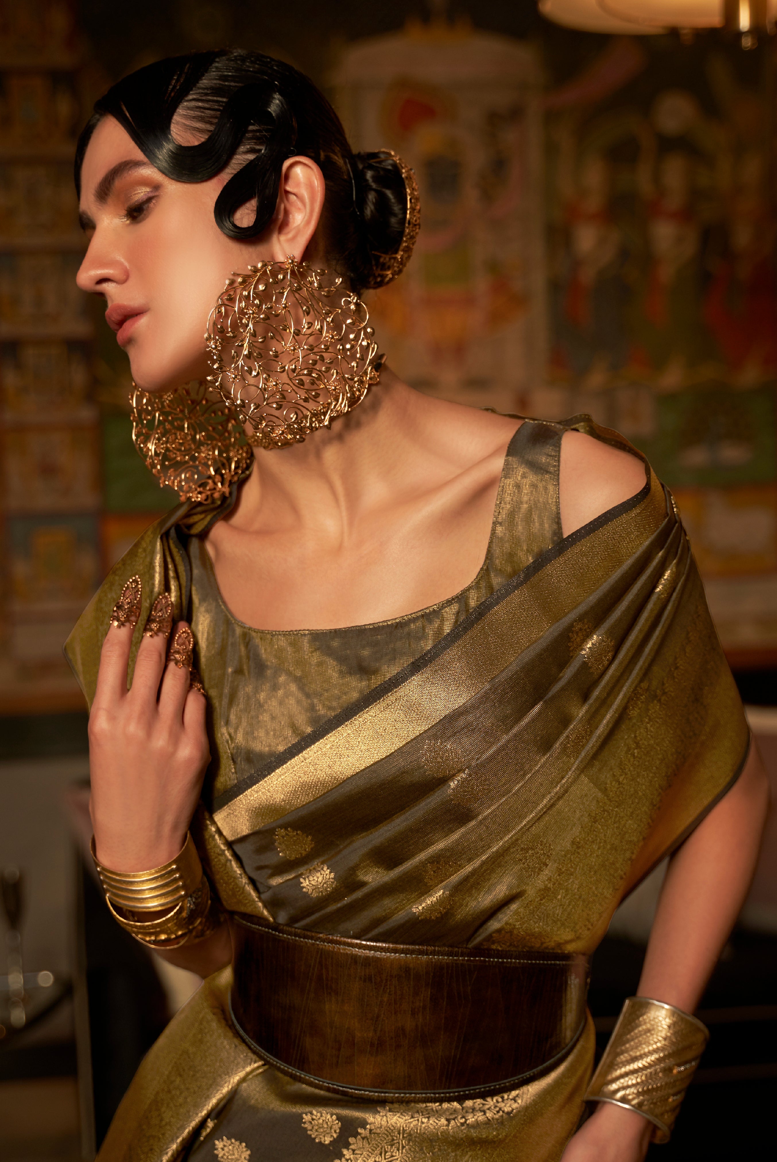 Mehendi Silk Saree with  Jacquard Woven Work