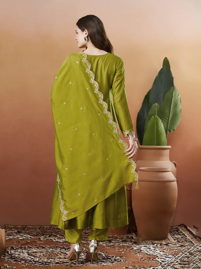 Mehendi Vichitra Silk Kurta Pant Set With Thread Embroidered With Sequins Work