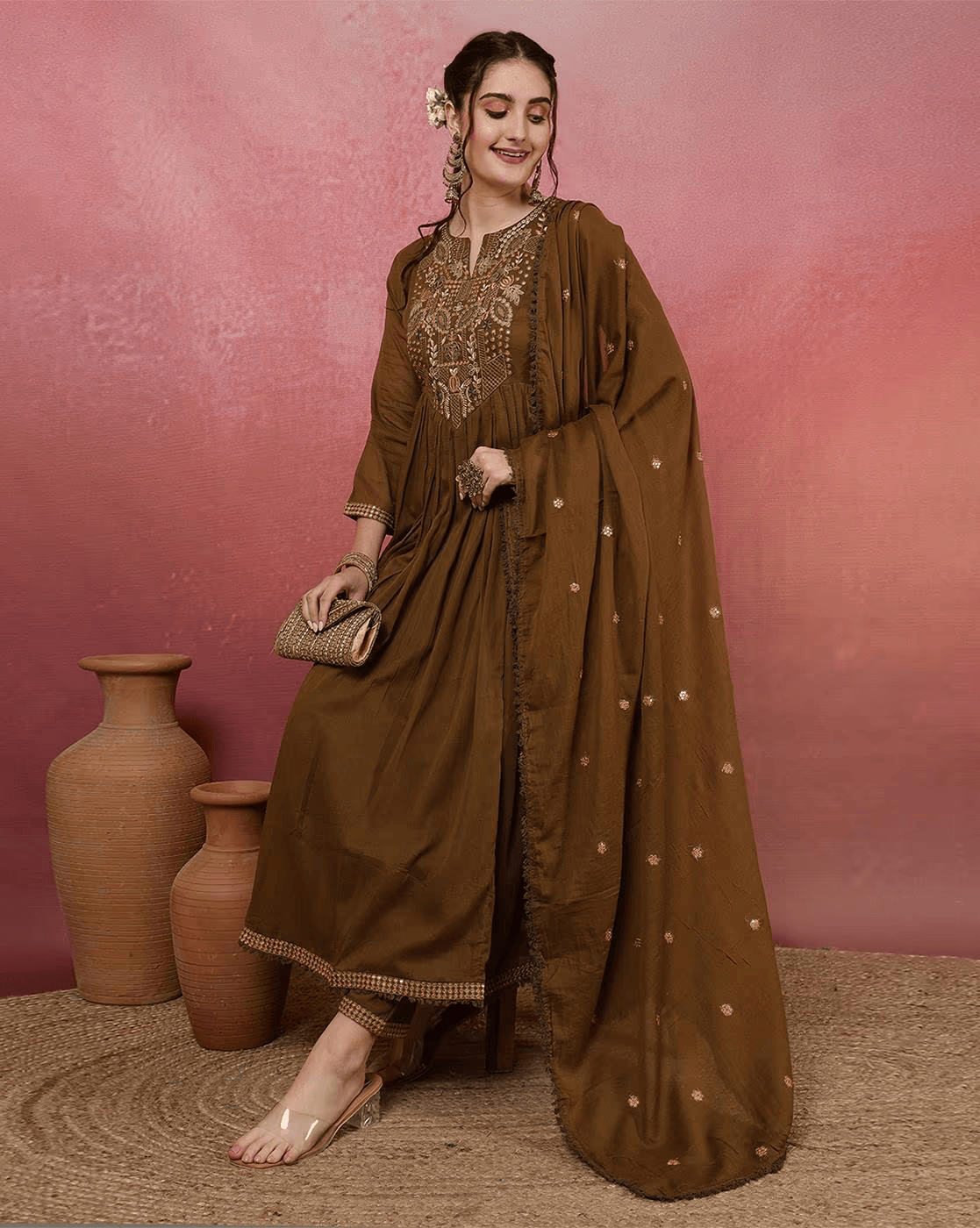 Mehendi Viscose Chanderi Kurta Pant Set With Heavy Thread Embroidery Work