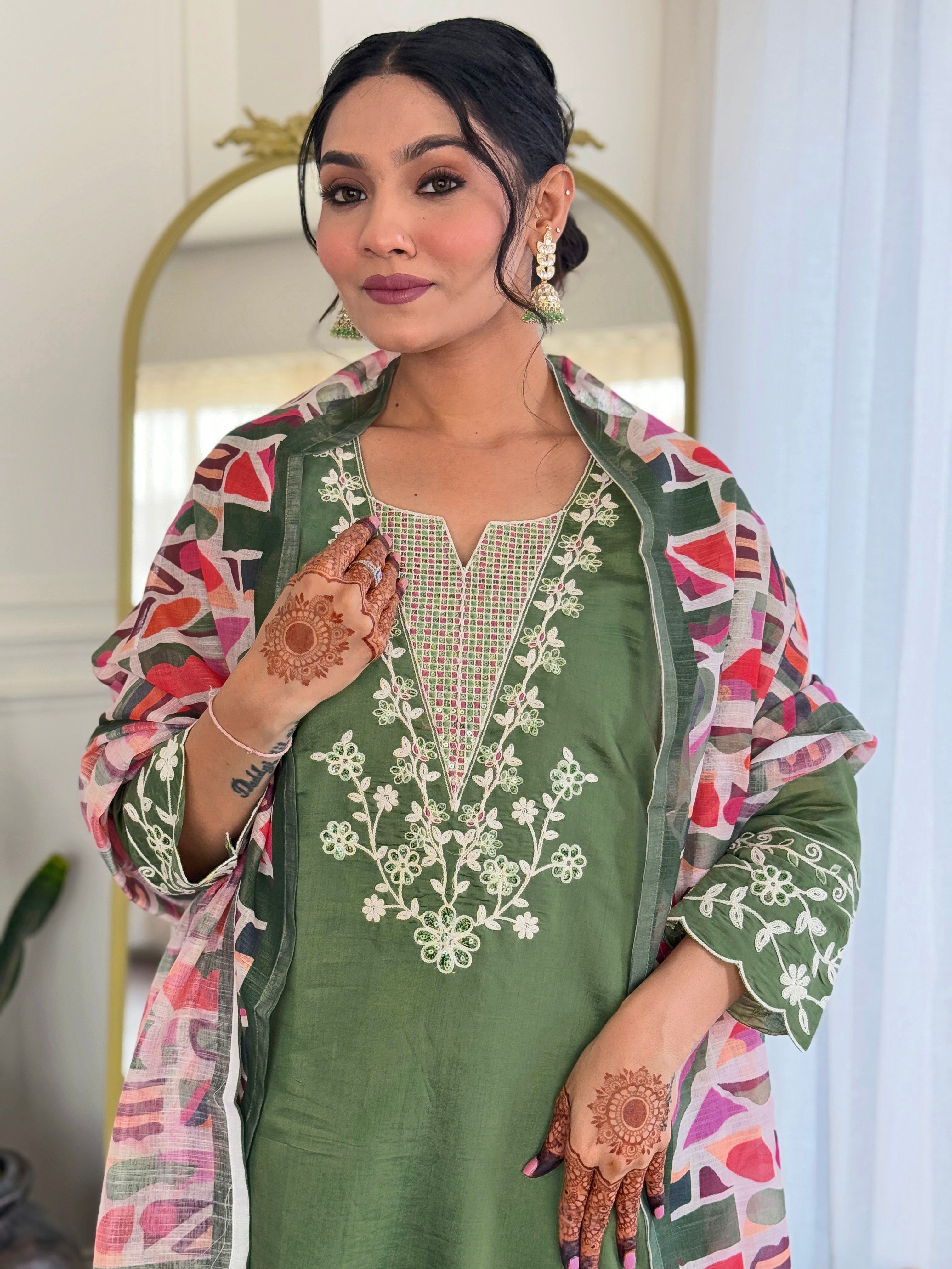 Mehendi Viscose Chanderi Kurta Pant With Embroidery Work And Printed Dupatta