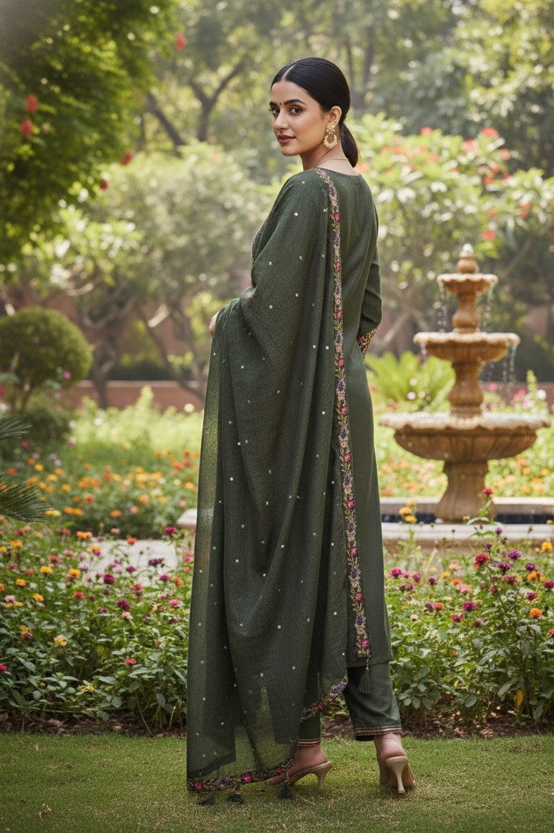 Mehndi Cotton Silk Designer Suit Set With Handcrafted Embroidery