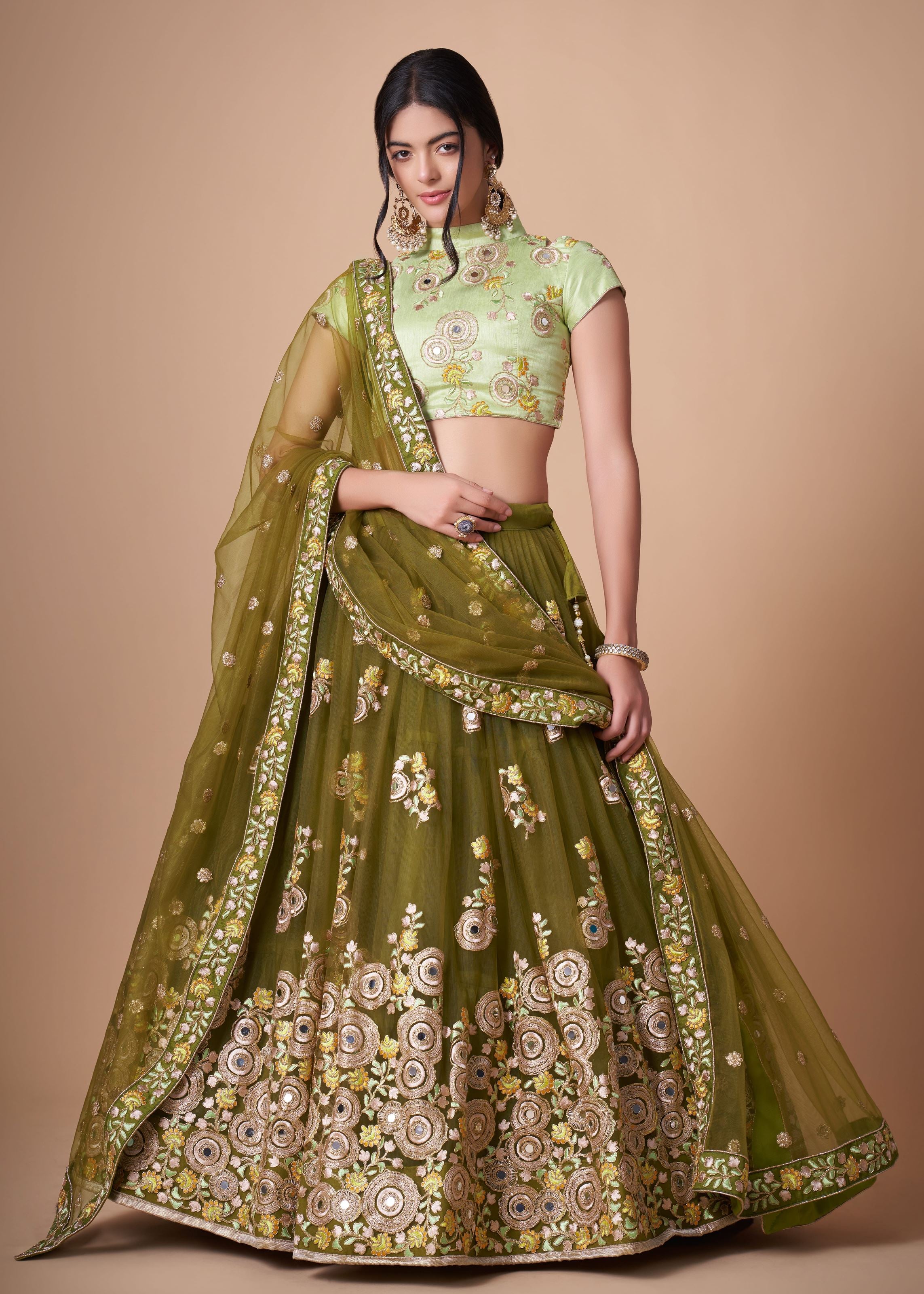 Mehndi green Lehenga Choli With   Thread, Zari, Dori And Sequins Embroidery With Mirror Work