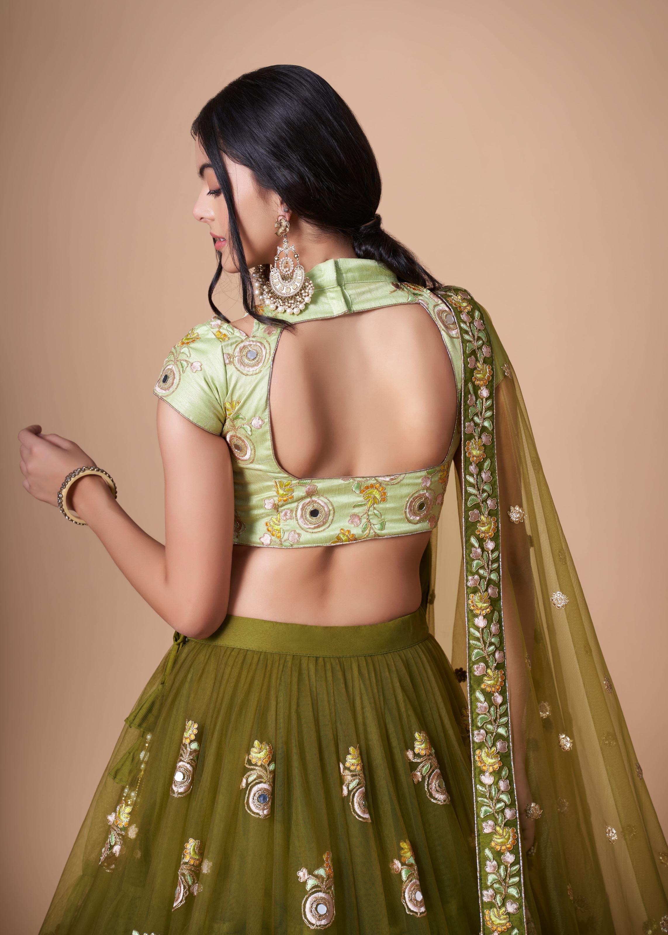 Mehndi green Lehenga Choli With   Thread, Zari, Dori And Sequins Embroidery With Mirror Work