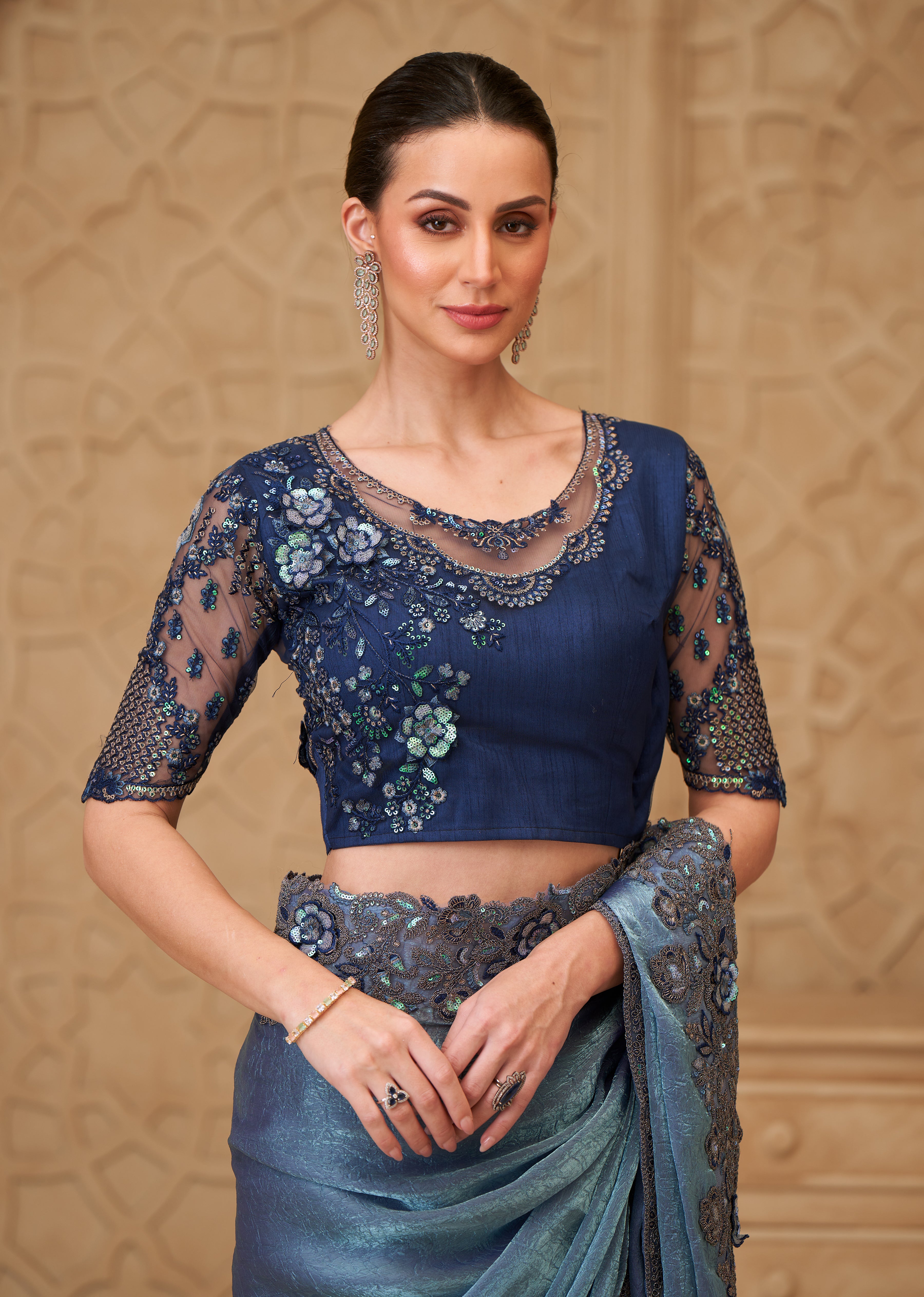 Metal Blue Saree With  Heavy Thread Embroidery Sequins Border Work With Embroidery Blouse