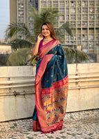 Metalic Blue Silk Blend Paithani Saree With Woven Work