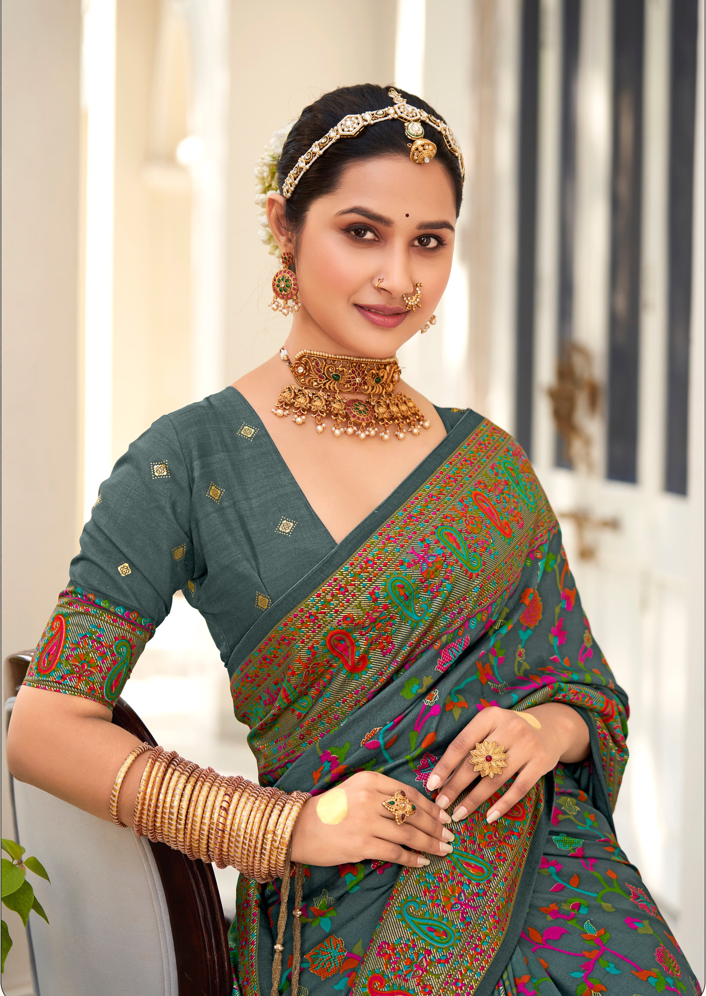 Mineral Green Velvet Tussar Silk Woven Designer With Floral Printed Ethnic Wedding Wear Saree