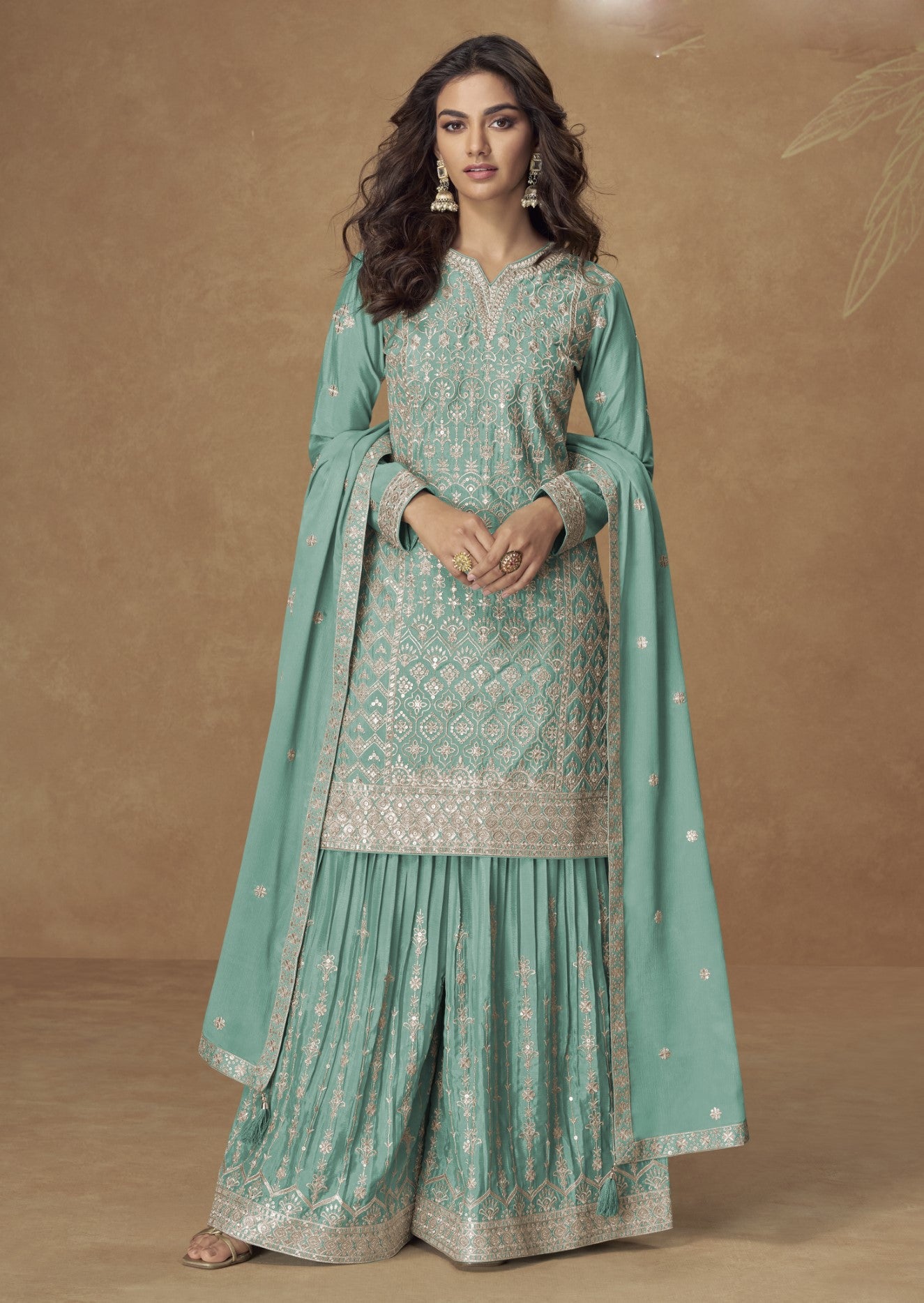 Mint Green Chinon Silk Salwar Suit With Zari Sequin Embroidery