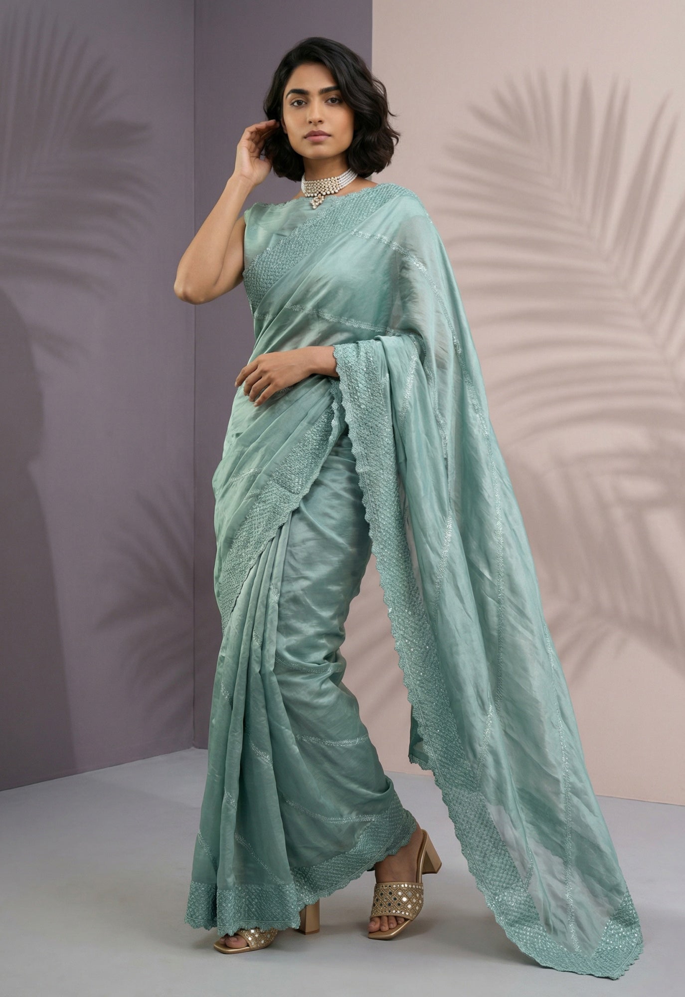 Mint Green Rasberry Silk Saree with Heavy Thread Sequins Detailing