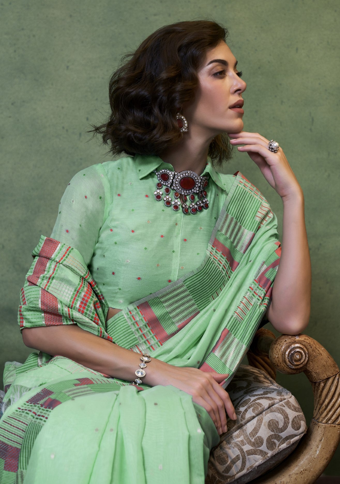 Mint Green Spun Cotton Saree With  Jacquard Woven Work