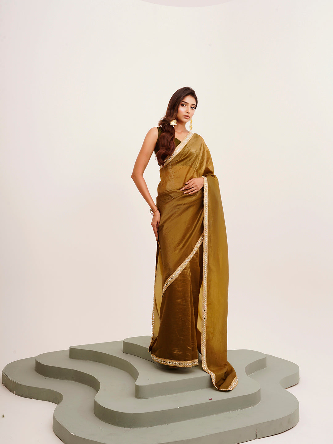 Mirror Work Embellished Mehandi Green Tissue Rich Ceremonial Saree