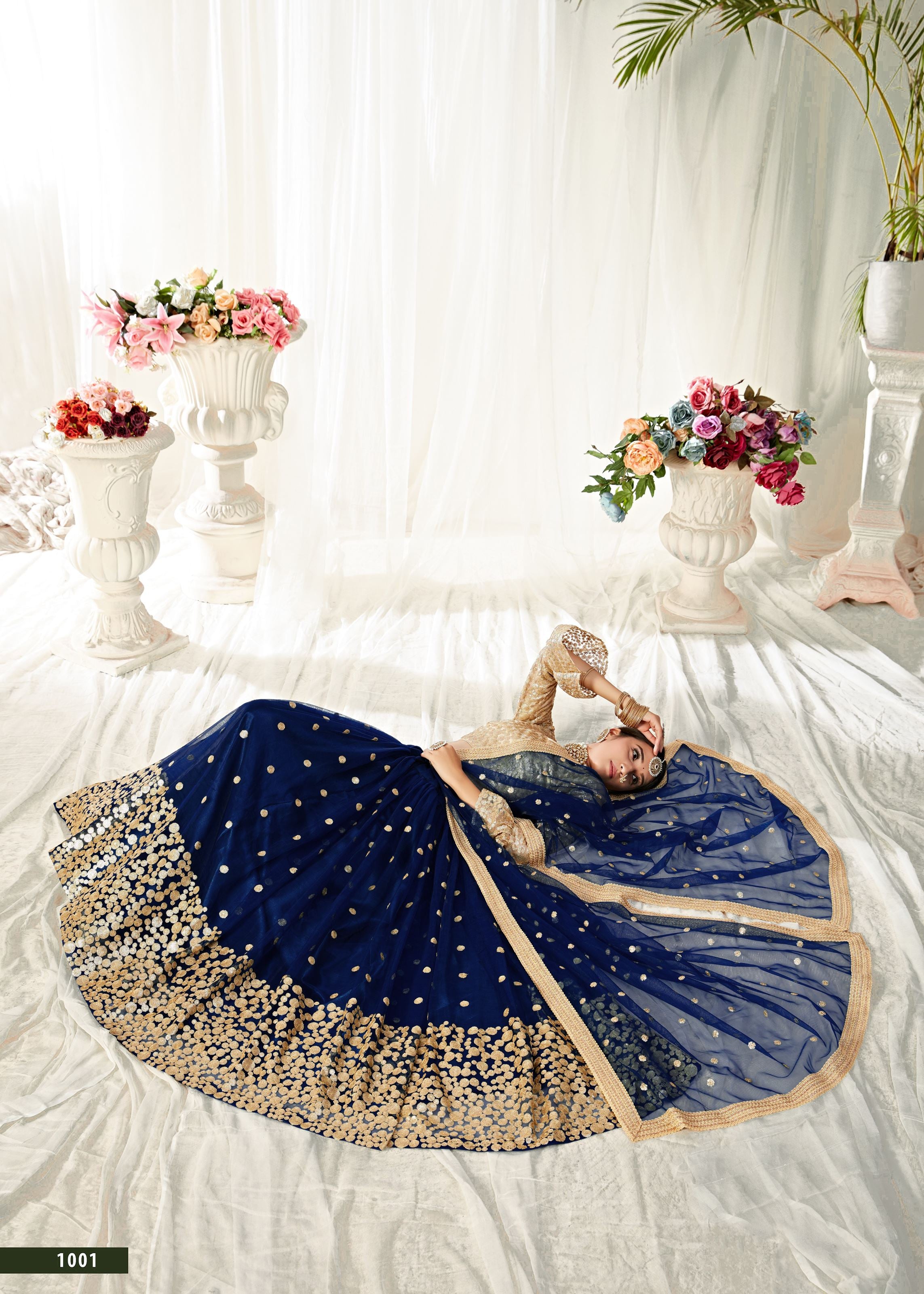 Morepeach And Golden Lehenga Choli With Sequins And Thread Embroidered Work