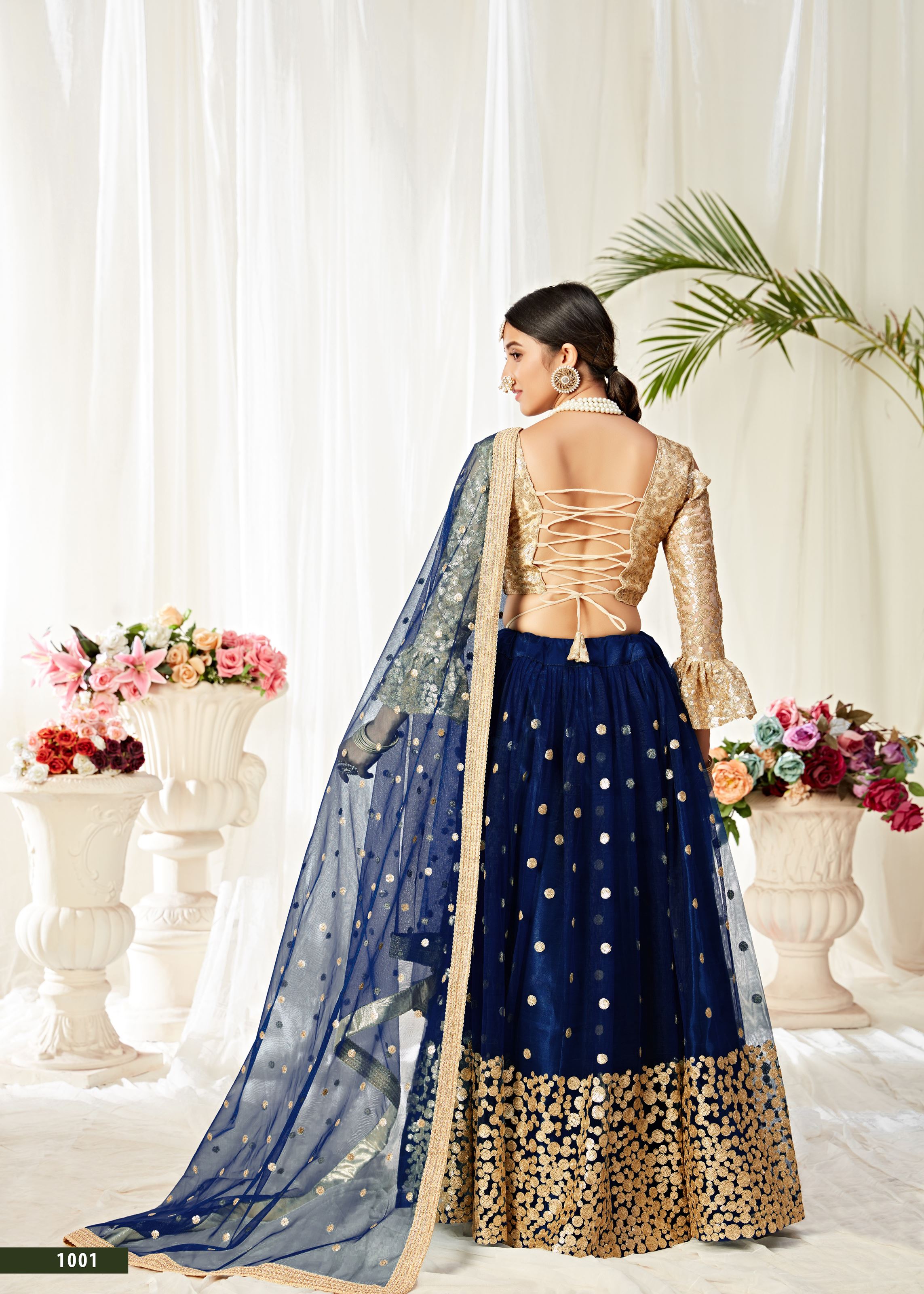 Morepeach And Golden Lehenga Choli With Sequins And Thread Embroidered Work