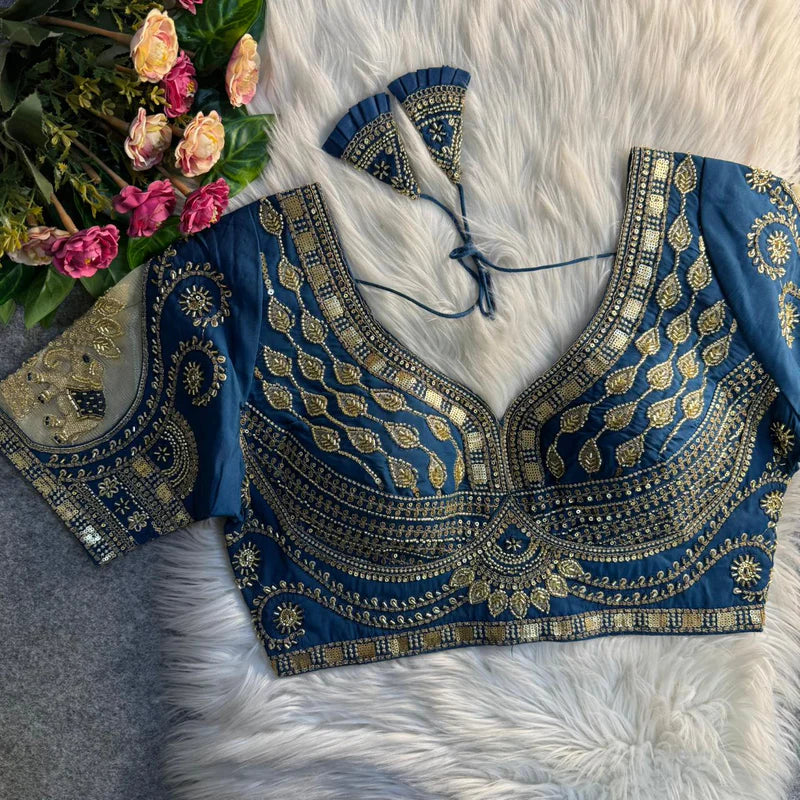 Morepeach Blush Royal Elephant Patch Work Bridal Blouse  Roman Silk Heavy Beads & Sequins Designer Wear
