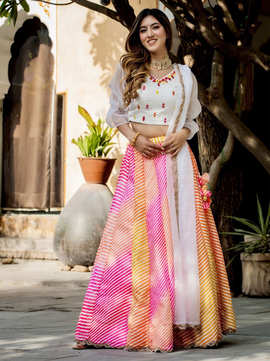 Multi-Color Art Silk Lehenga Choli With Digital Print with Pearl, Resham and Zari Embroidery Work And Real Mirror Work Blouse