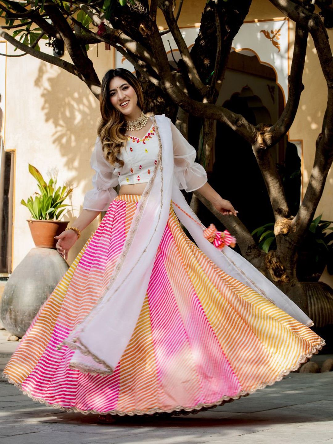 Multi-Color Art Silk Lehenga Choli With Digital Print with Pearl, Resham and Zari Embroidery Work And Real Mirror Work Blouse