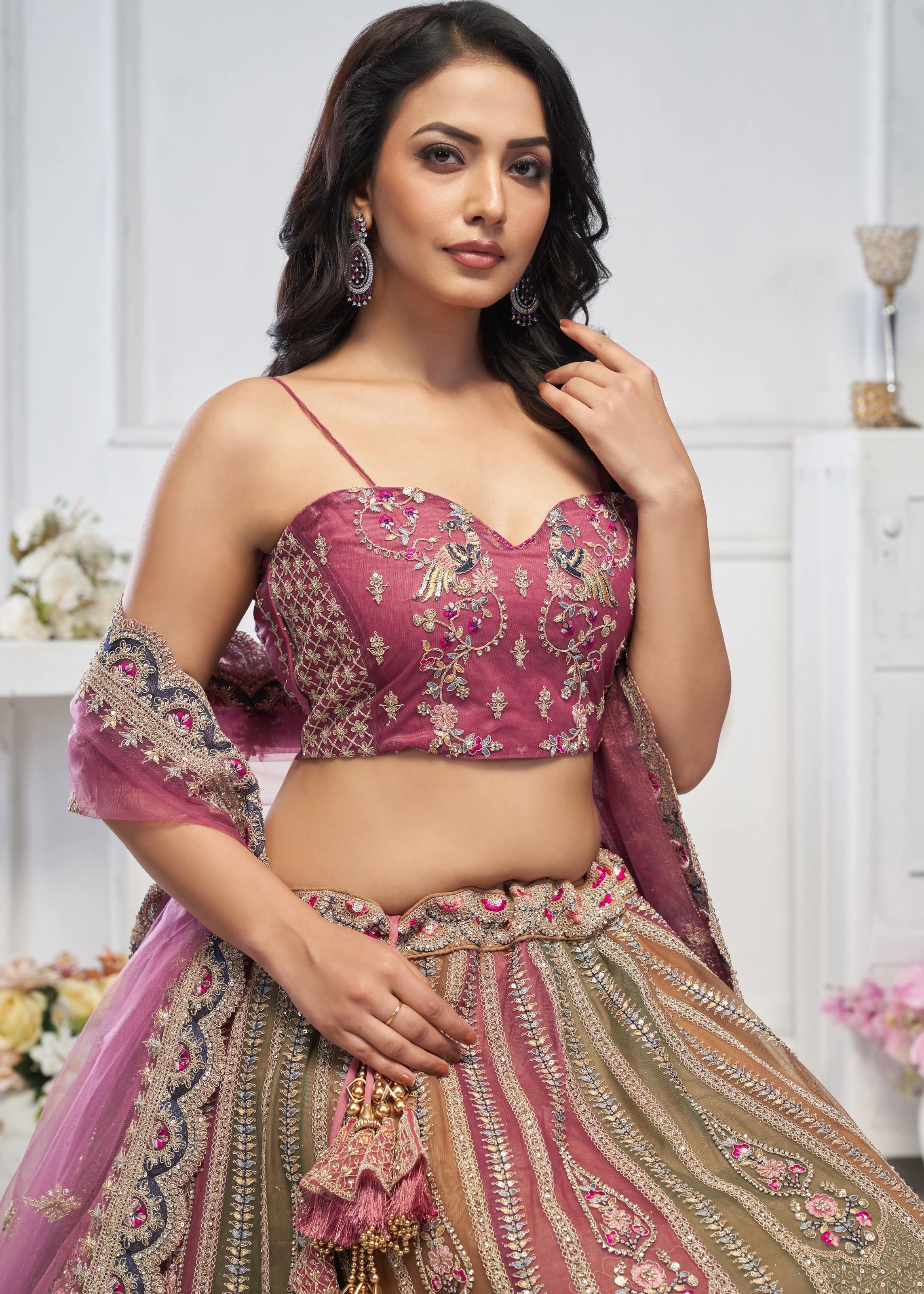 Multi-Onion Majestic Multi-Color Zari Weaving Net Lehenga Choli With Dupatta