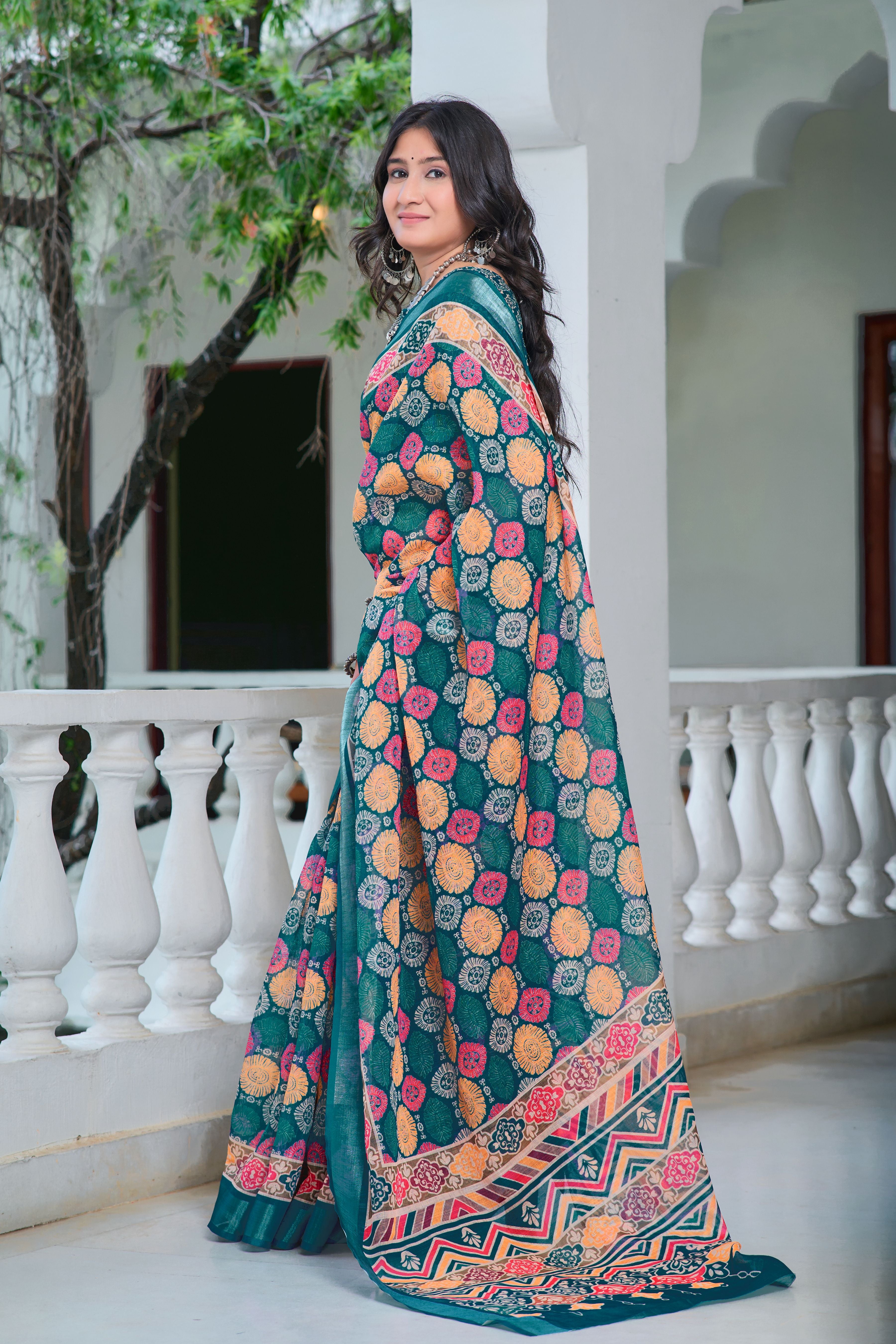 Multi Beautiful Linen Cotton Designer Festive Wear Saree